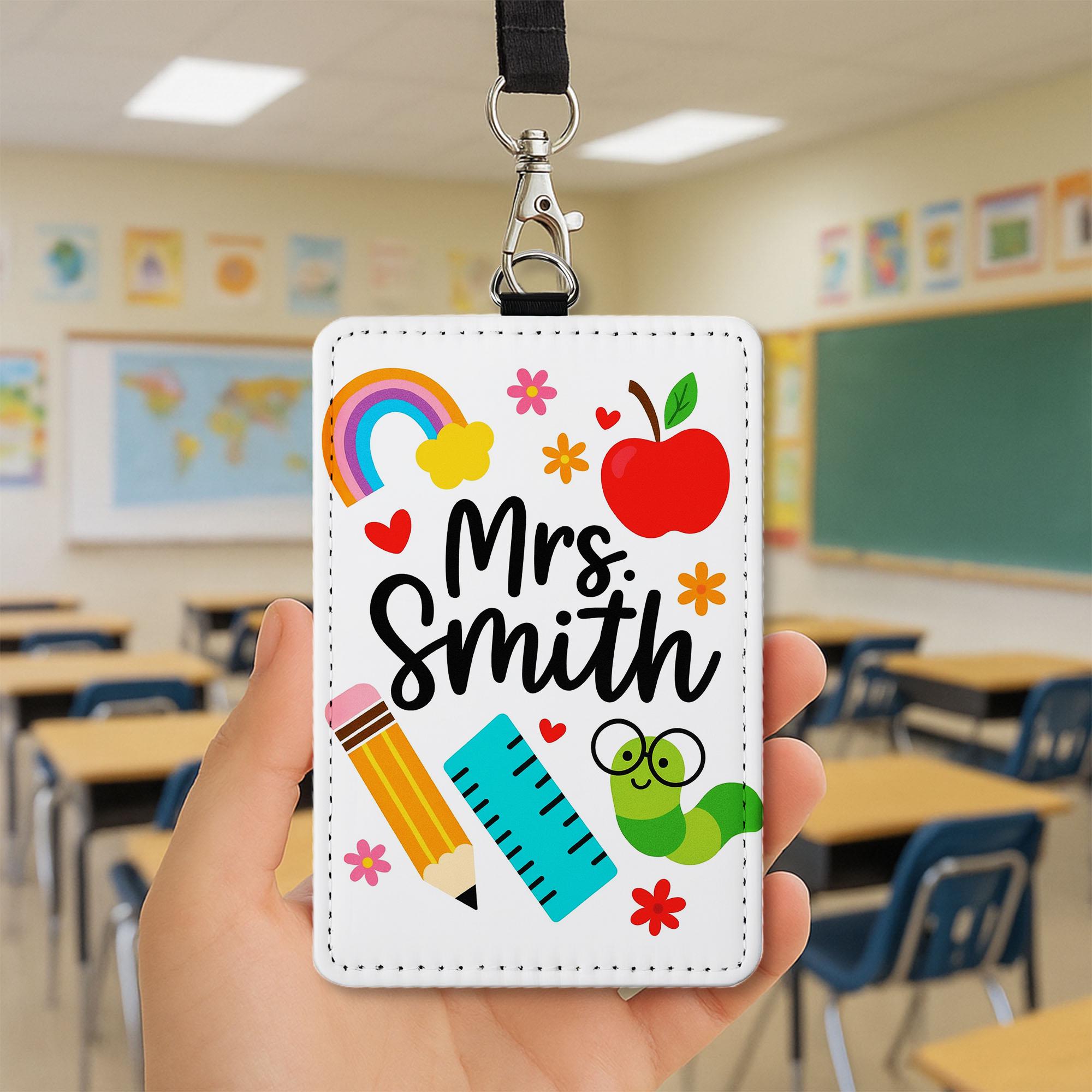 Personalized Teacher Badge Holder, Cute School Icons ID Tag for Teachers, Educators, Rainbow, Pencil, Apple Design Lanyard Gift, School Gift