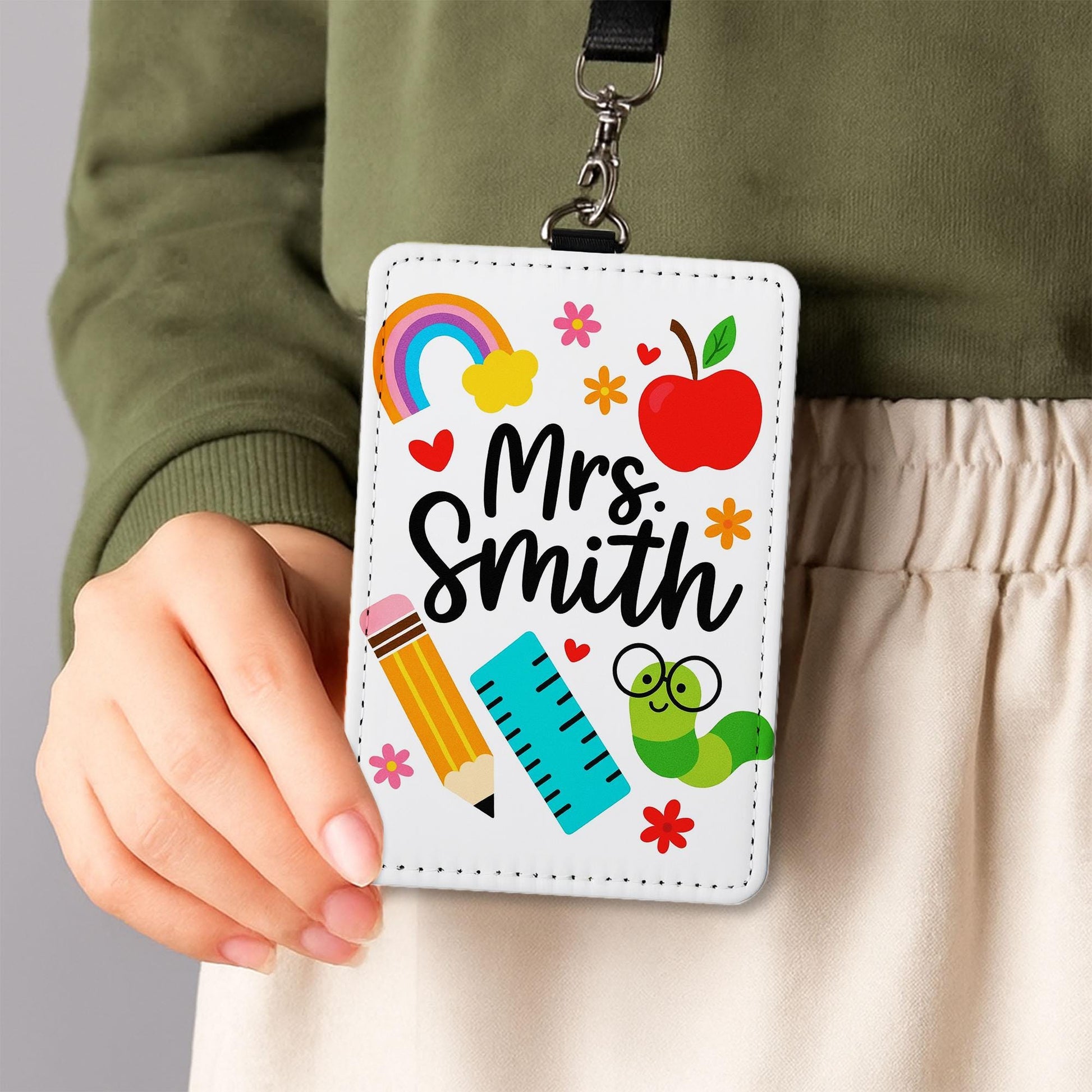 Personalized Teacher Badge Holder, Cute School Icons ID Tag for Teachers, Educators, Rainbow, Pencil, Apple Design Lanyard Gift, School Gift