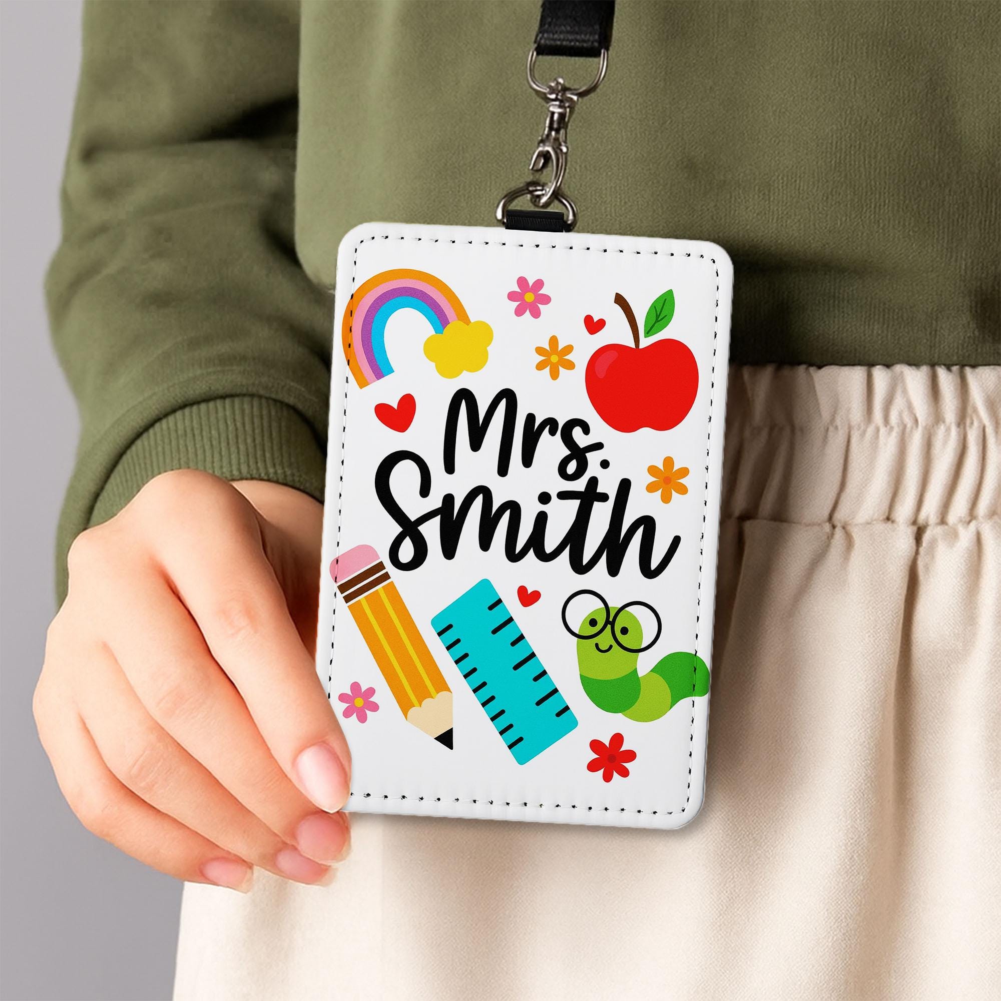Personalized Teacher Badge Holder, Cute School Icons ID Tag for Teachers, Educators, Rainbow, Pencil, Apple Design Lanyard Gift, School Gift