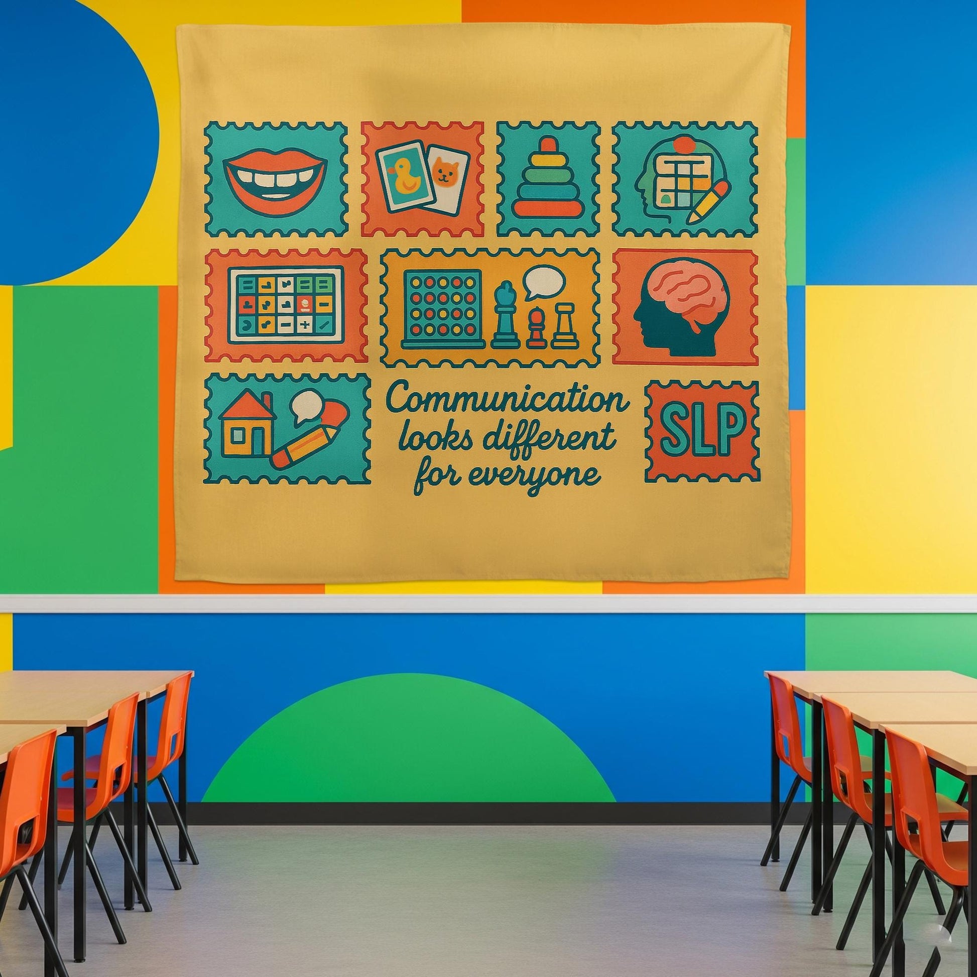 SLP Classroom Tapestry, Speech Therapy Wall Decor, Communication Poster, Colorful Educational Banner, Speech Pathologist Gift