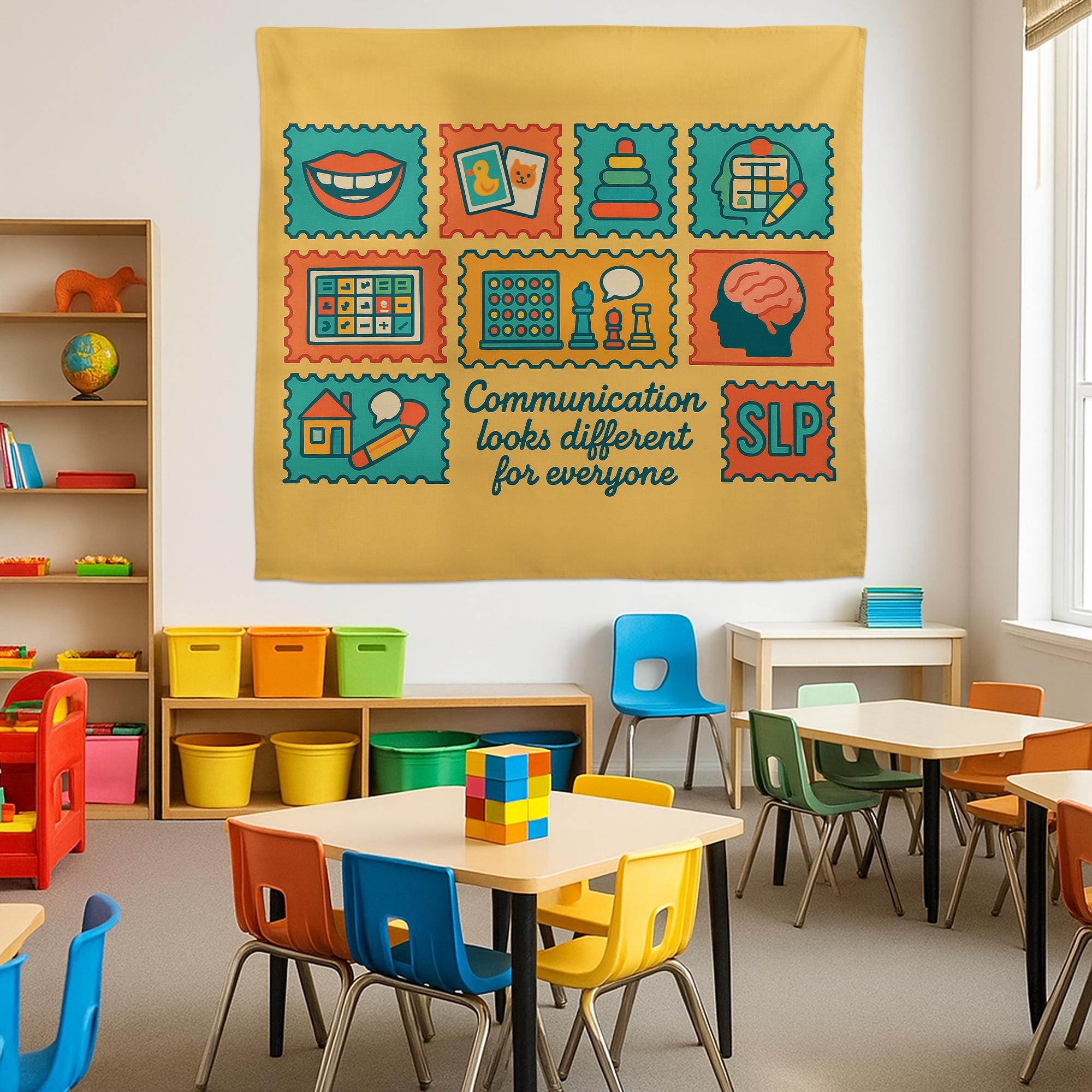SLP Classroom Tapestry, Speech Therapy Wall Decor, Communication Poster, Colorful Educational Banner, Speech Pathologist Gift