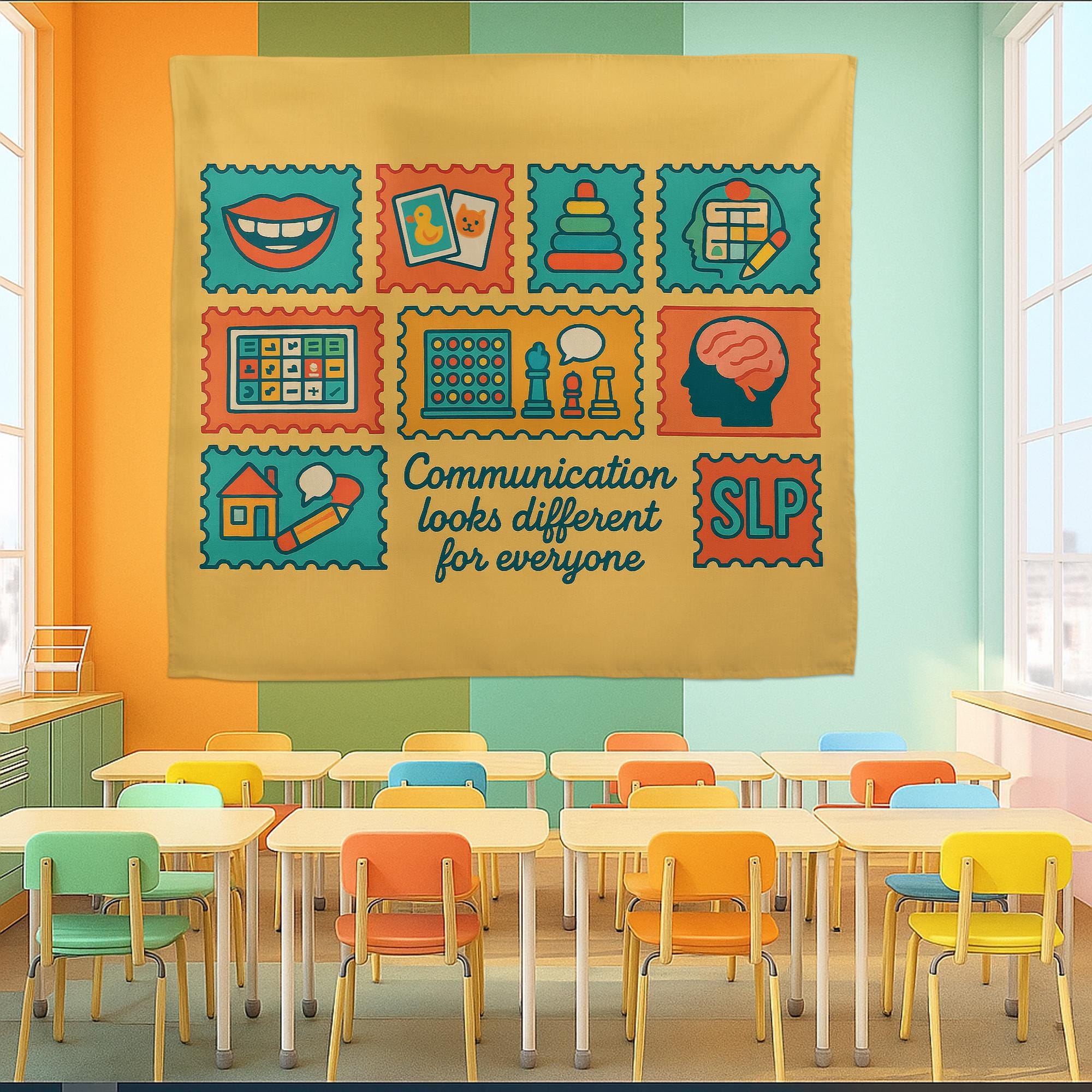 SLP Classroom Tapestry, Speech Therapy Wall Decor, Communication Poster, Colorful Educational Banner, Speech Pathologist Gift