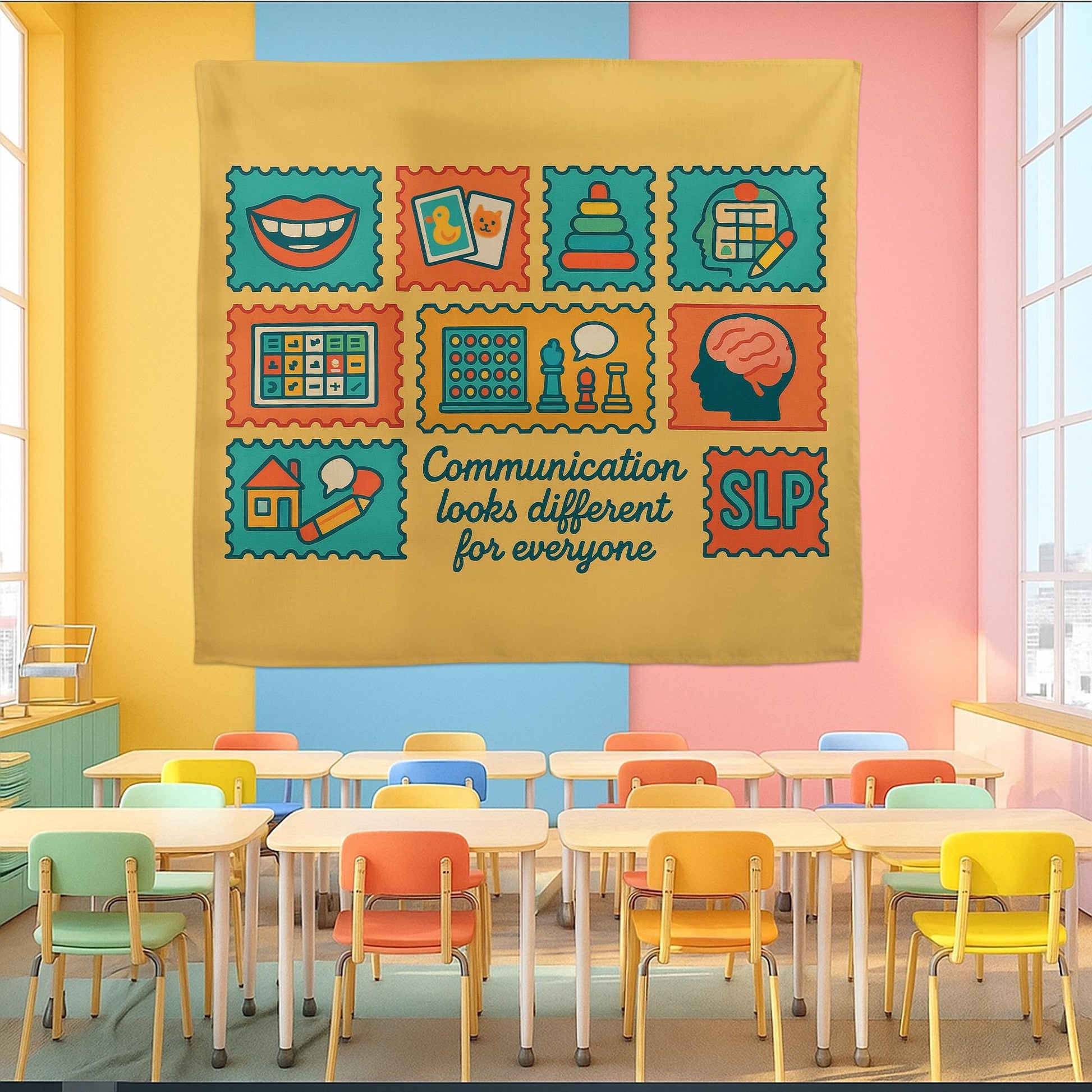 SLP Classroom Tapestry, Speech Therapy Wall Decor, Communication Poster, Colorful Educational Banner, Speech Pathologist Gift