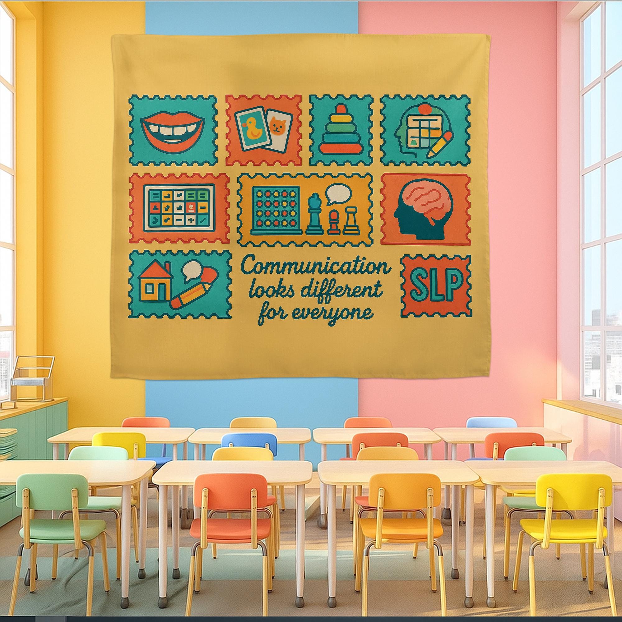 SLP Classroom Tapestry, Speech Therapy Wall Decor, Communication Poster, Colorful Educational Banner, Speech Pathologist Gift