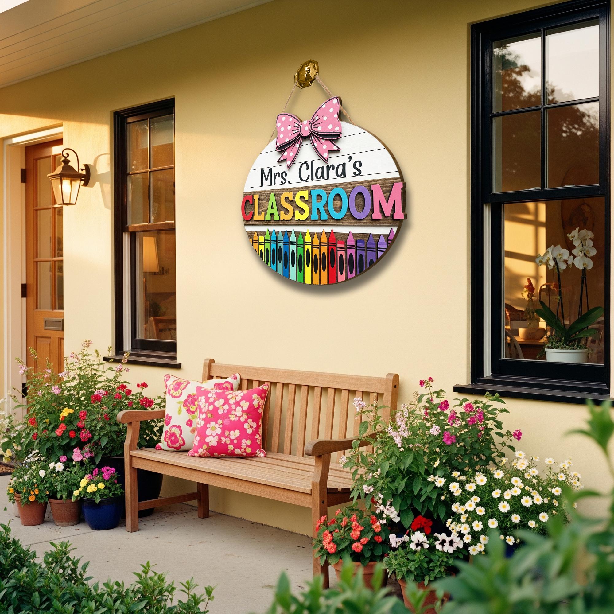 Personalized Teacher Door Hanger, Classroom Crayon Sign, Custom Name Door Decor, Back to School Teacher Gift, Rainbow Bow Hanger