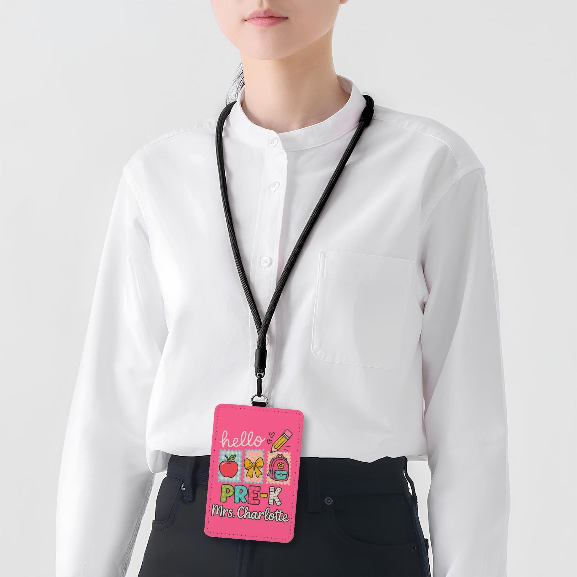 Personalized Teacher ID Badge Holder, Hello Name Tag for Teacher, Cute Lanyard Badge for School or Classroom Use