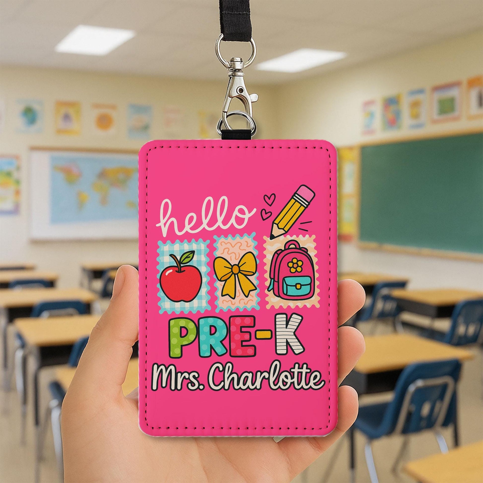 Personalized Teacher ID Badge Holder, Hello Name Tag for Teacher, Cute Lanyard Badge for School or Classroom Use
