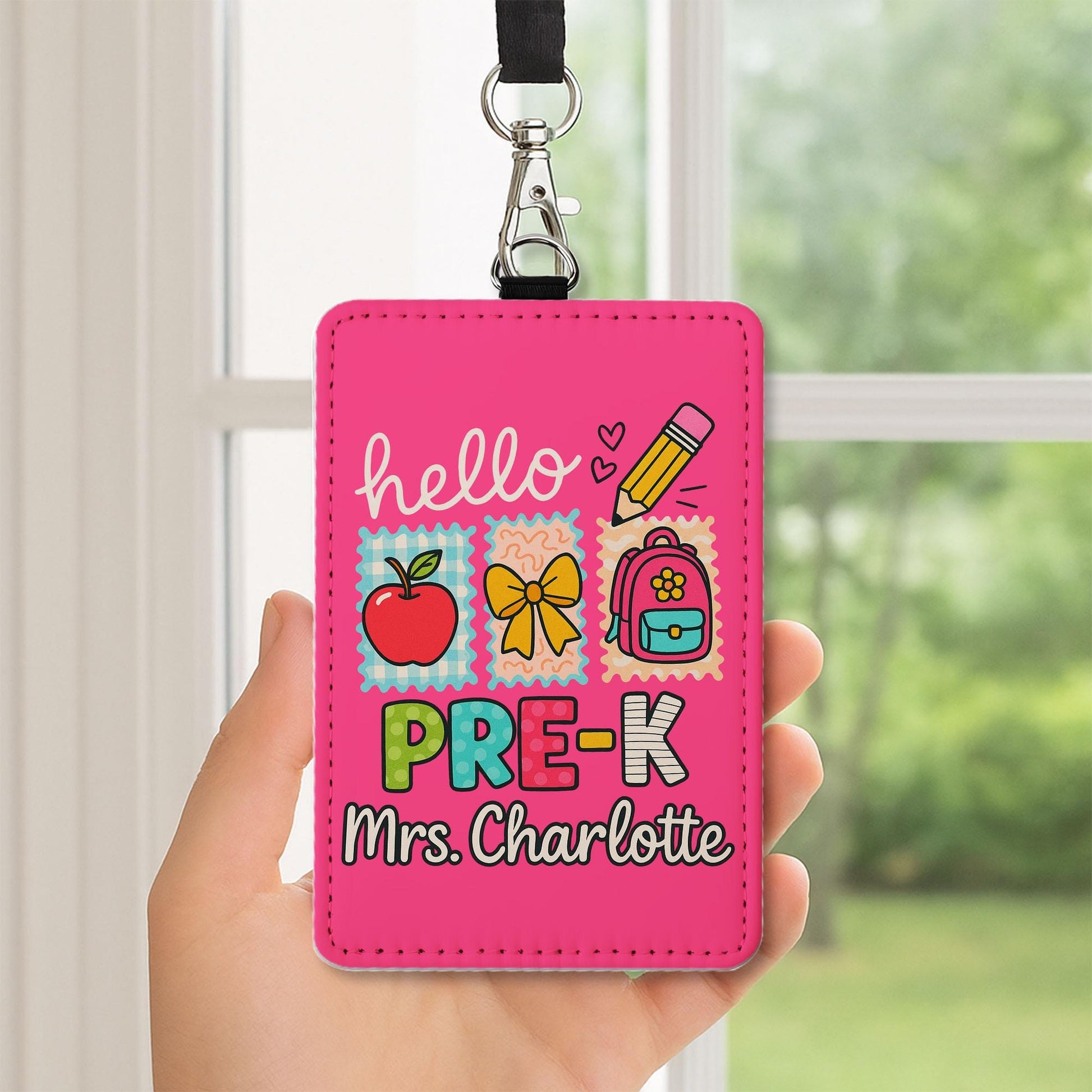 Personalized Teacher ID Badge Holder, Hello Name Tag for Teacher, Cute Lanyard Badge for School or Classroom Use