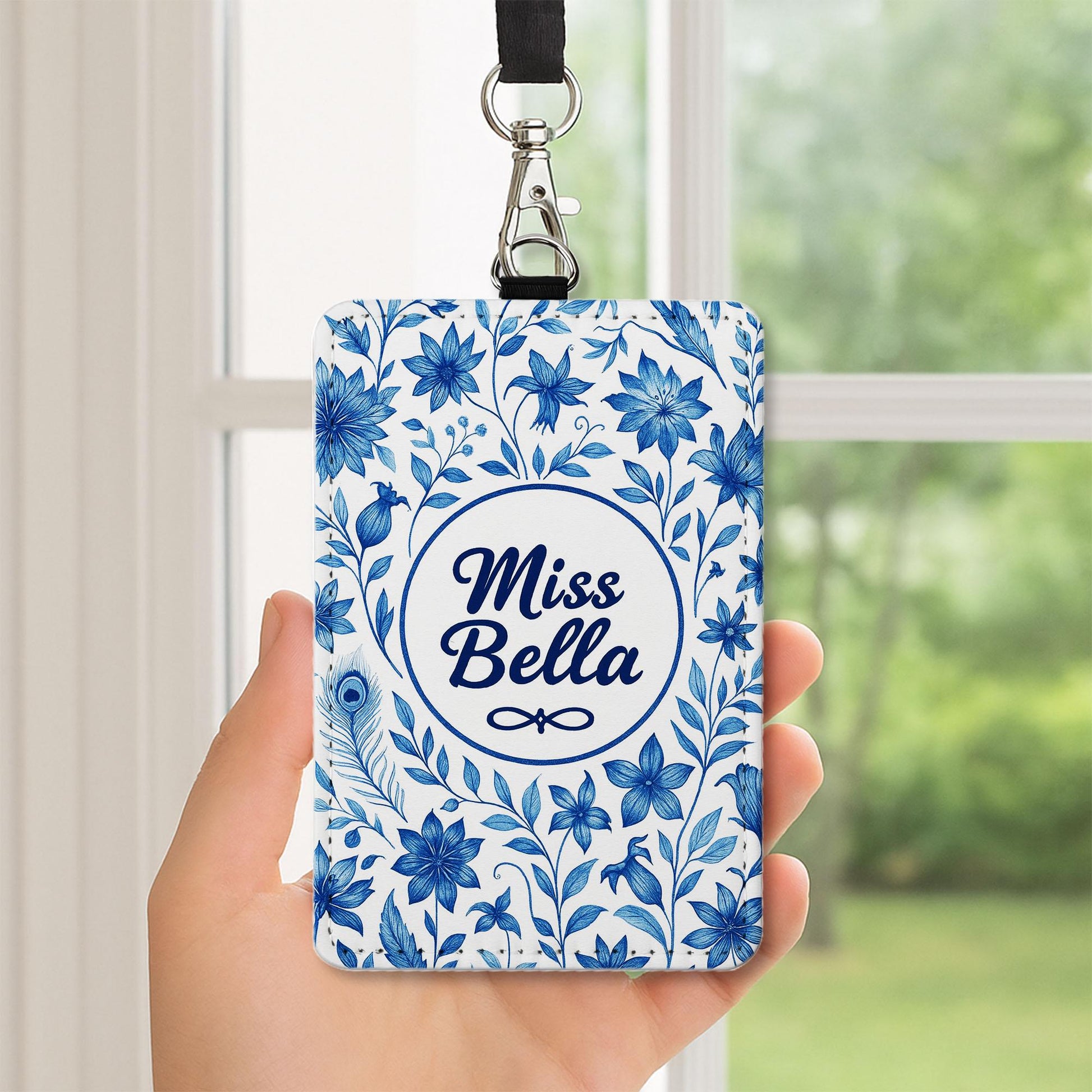 Personalized Floral Teacher Badge Holder, Custom Name ID Tag for Teachers, Educators – Elegant Blue Flower Design Lanyard Gift for Educators