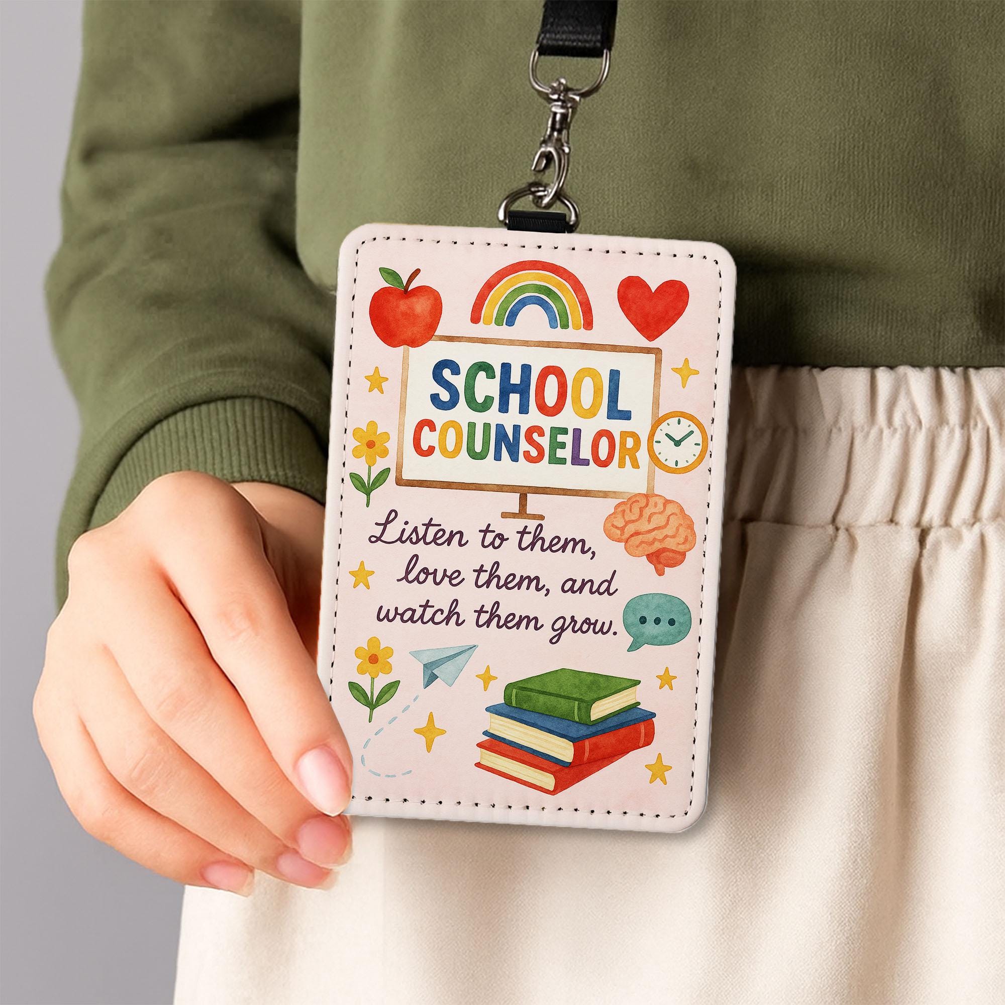 School Counselor Badge Holder, Inspirational ID Tag Insert, Cute Rainbow Lanyard Accessory, Counselor Gift for Women Teachers