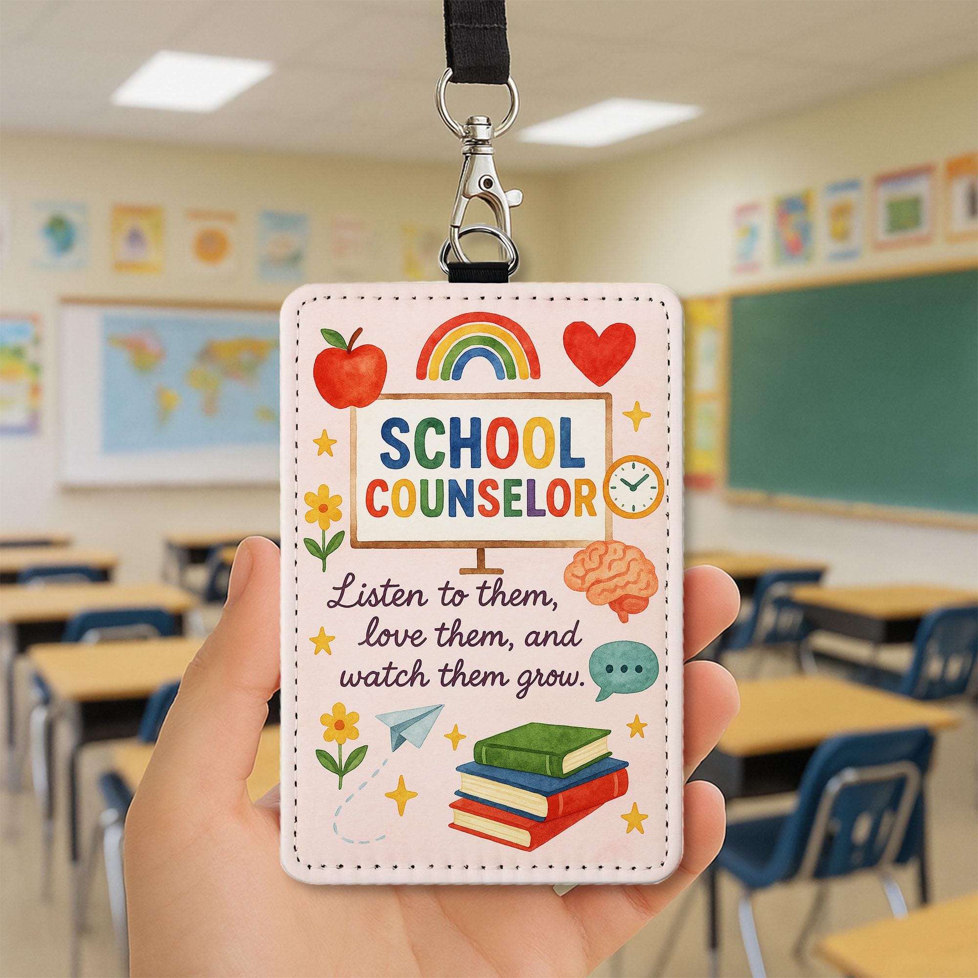 School Counselor Badge Holder, Inspirational ID Tag Insert, Cute Rainbow Lanyard Accessory, Counselor Gift for Women Teachers