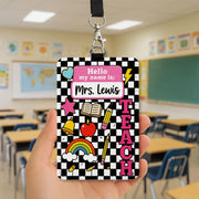 Personalized Teacher ID Badge Holder, Hello My Name Is Tag for Teacher, Cute Checkerboard Lanyard Accessory for Educators