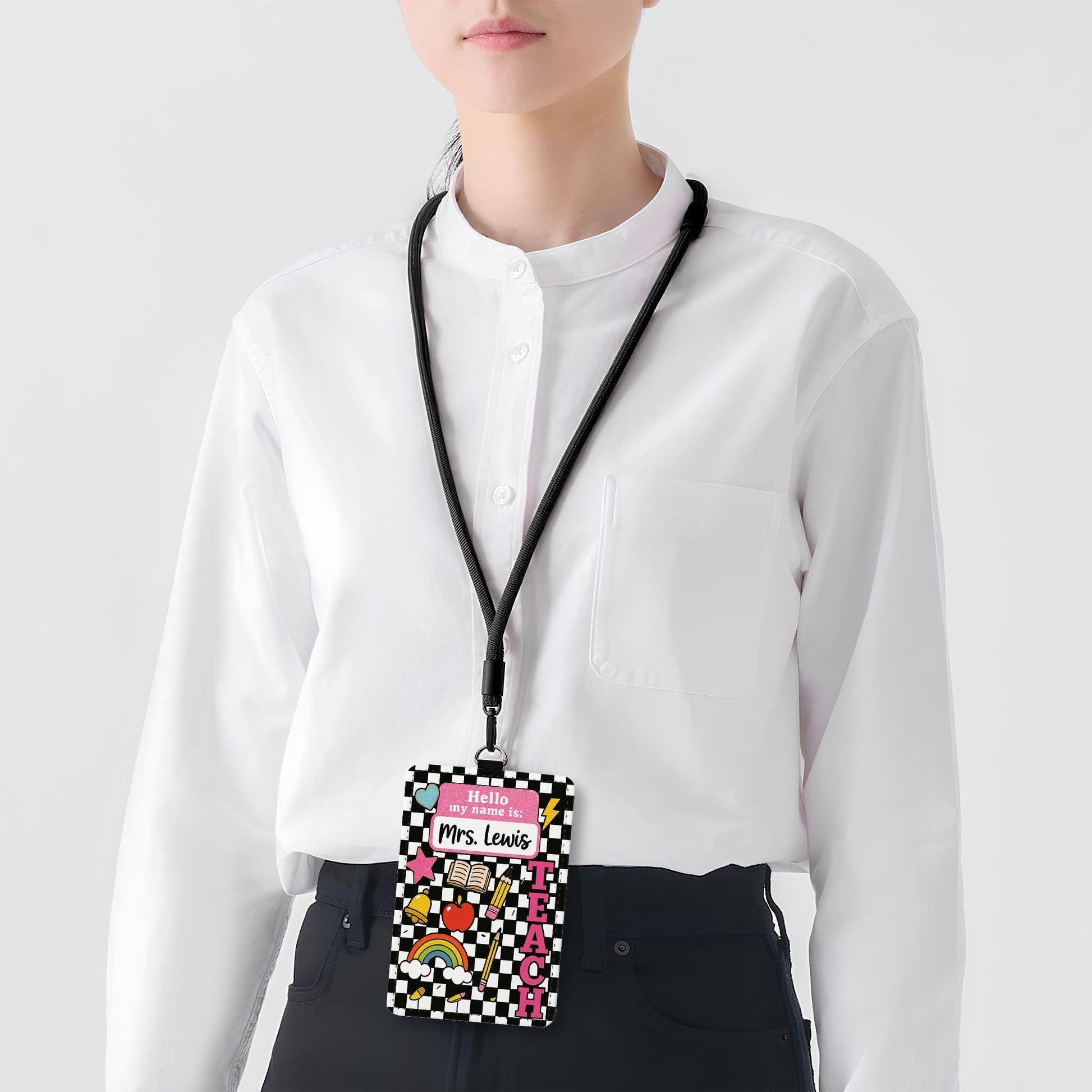 Personalized Teacher ID Badge Holder, Hello My Name Is Tag for Teacher, Cute Checkerboard Lanyard Accessory for Educators