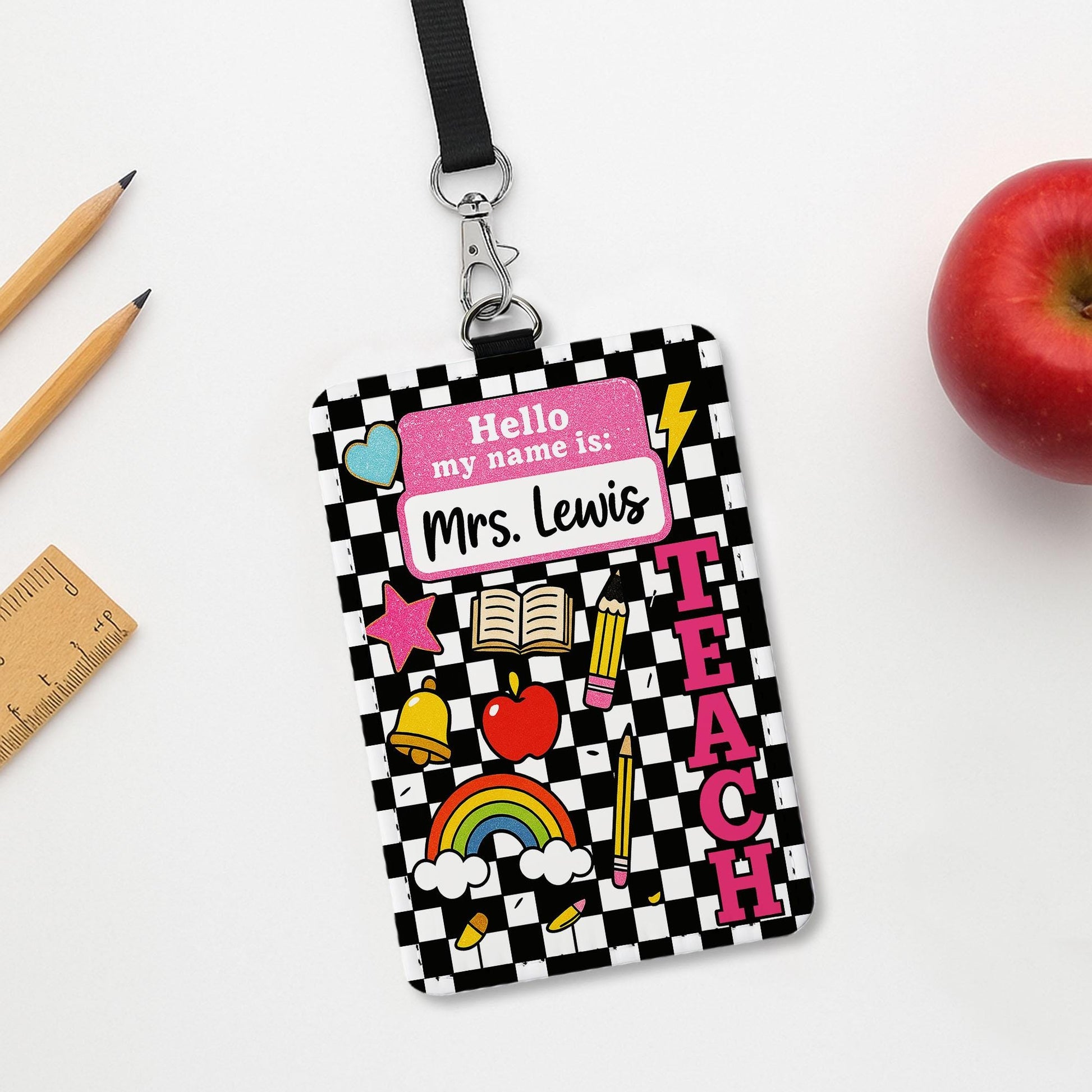 Personalized Teacher ID Badge Holder, Hello My Name Is Tag for Teacher, Cute Checkerboard Lanyard Accessory for Educators