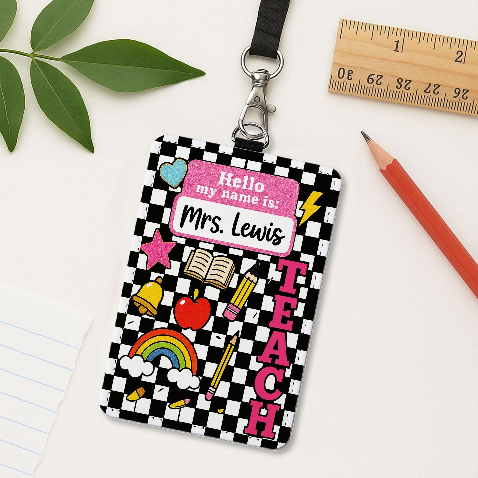 Personalized Teacher ID Badge Holder, Hello My Name Is Tag for Teacher, Cute Checkerboard Lanyard Accessory for Educators