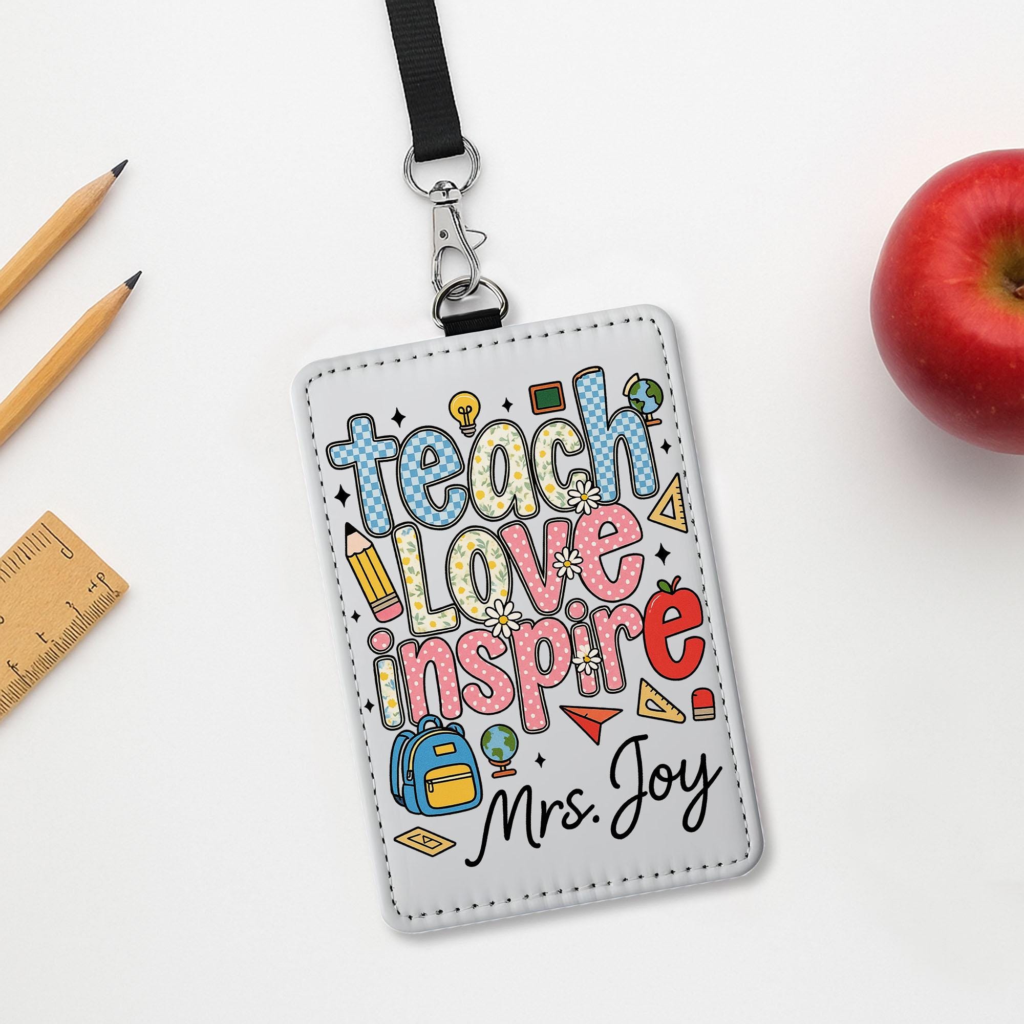 Teach Love Inspire Teacher ID Badge, Personalized Name Tag for Teacher, Cute Classroom Lanyard Holder for School Staff