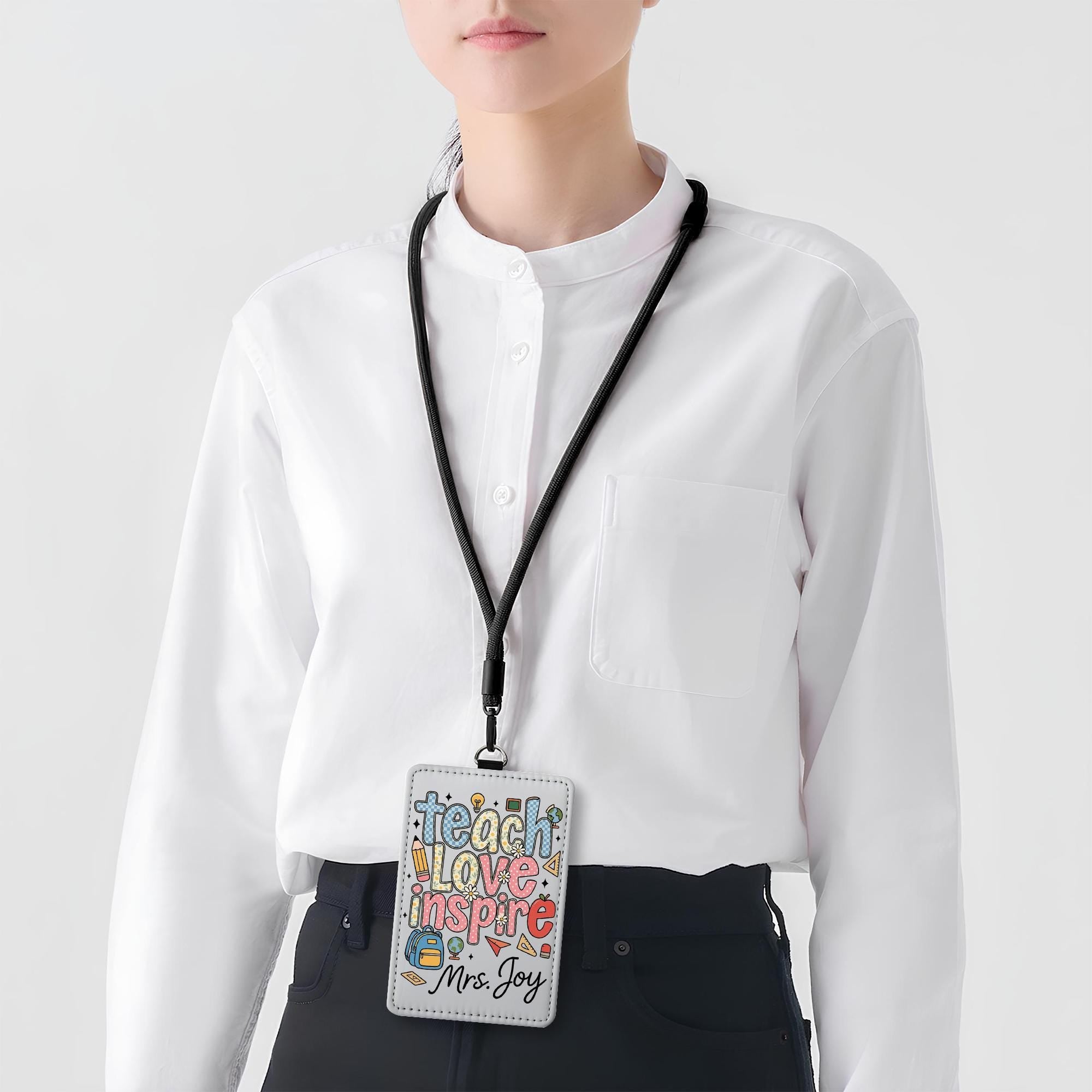 Teach Love Inspire Teacher ID Badge, Personalized Name Tag for Teacher, Cute Classroom Lanyard Holder for School Staff