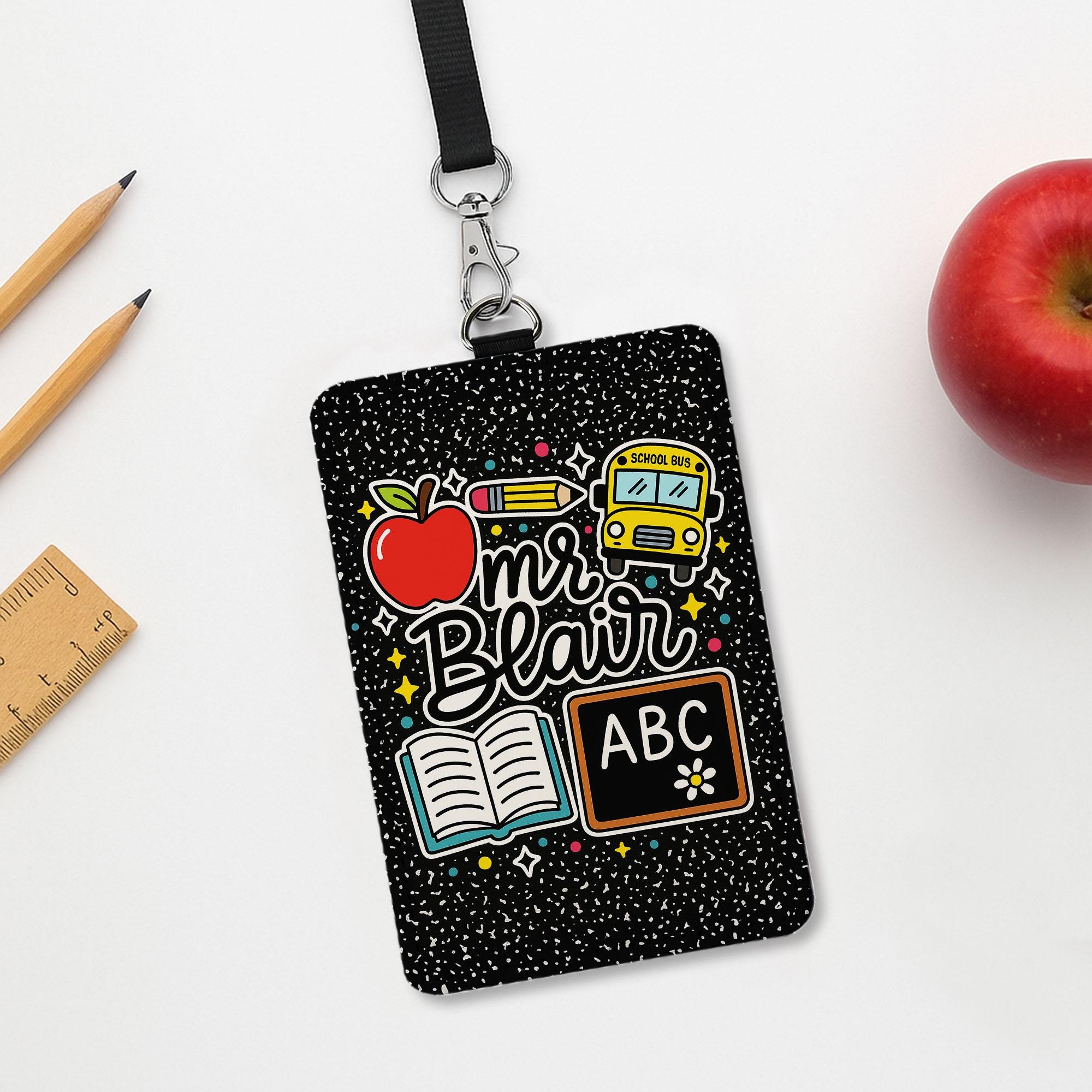 Personalized Teacher ID Badge Holder for Teacher, Cute ABC Chalkboard Lanyard Tag, Back to School Gift for Educators