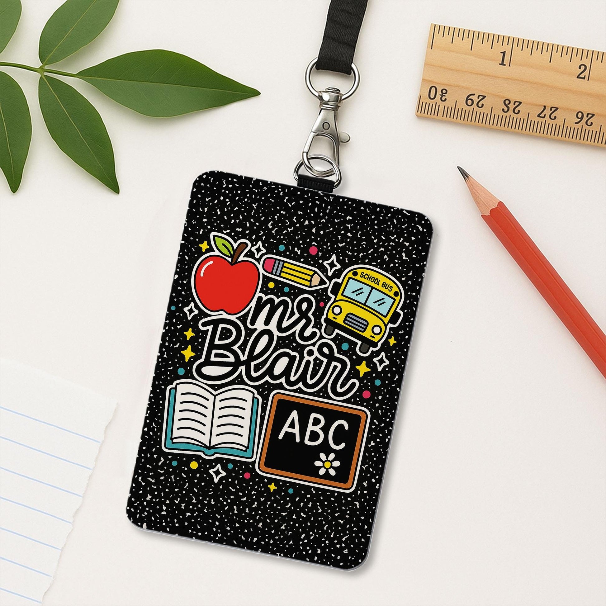 Personalized Teacher ID Badge Holder for Teacher, Cute ABC Chalkboard Lanyard Tag, Back to School Gift for Educators