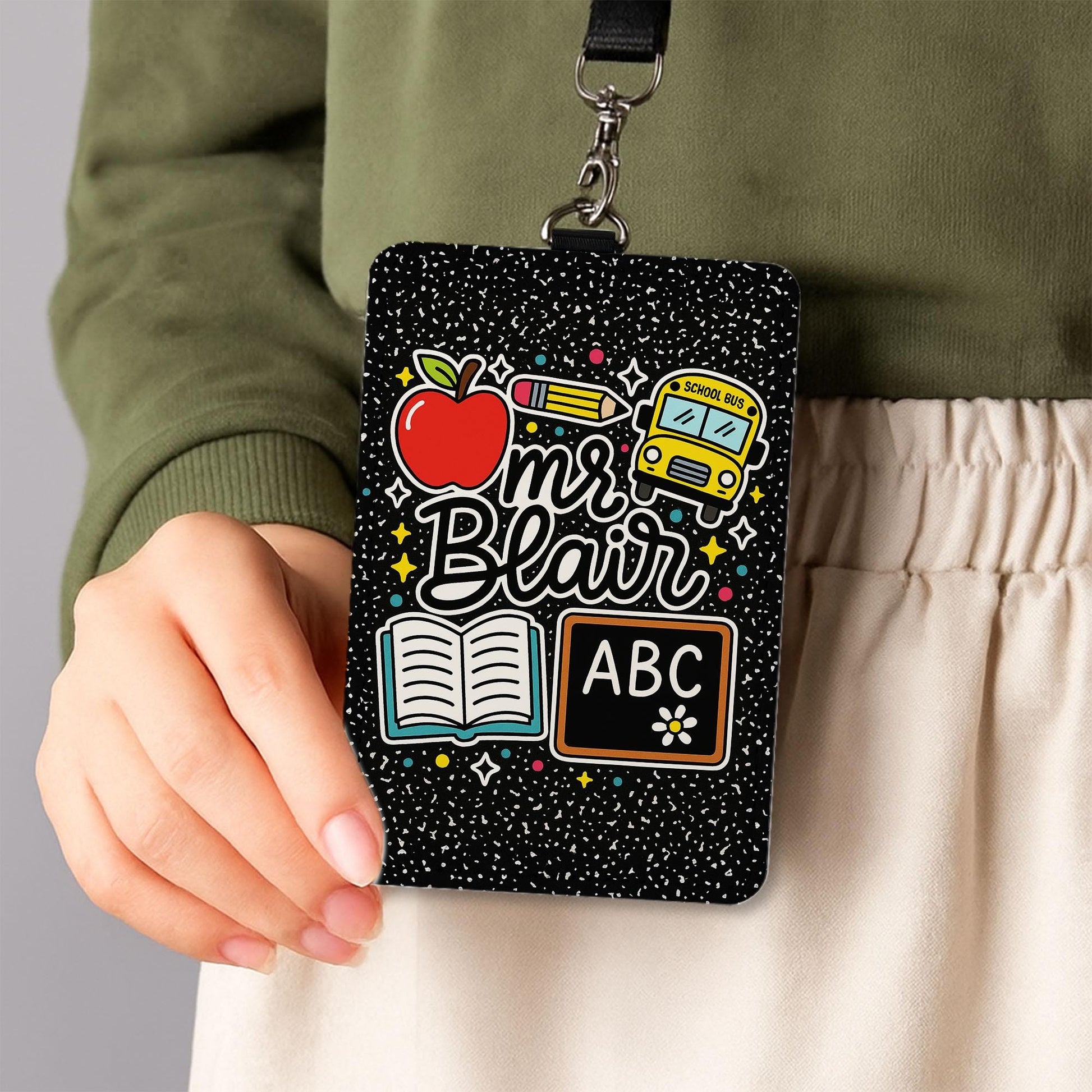 Personalized Teacher ID Badge Holder for Teacher, Cute ABC Chalkboard Lanyard Tag, Back to School Gift for Educators