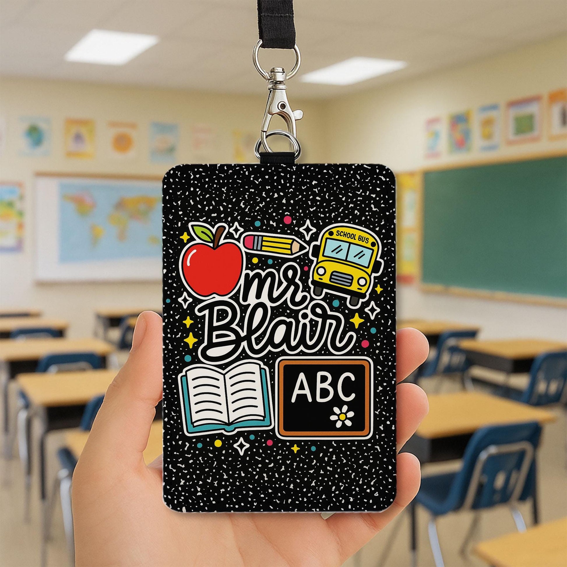 Personalized Teacher ID Badge Holder for Teacher, Cute ABC Chalkboard Lanyard Tag, Back to School Gift for Educators