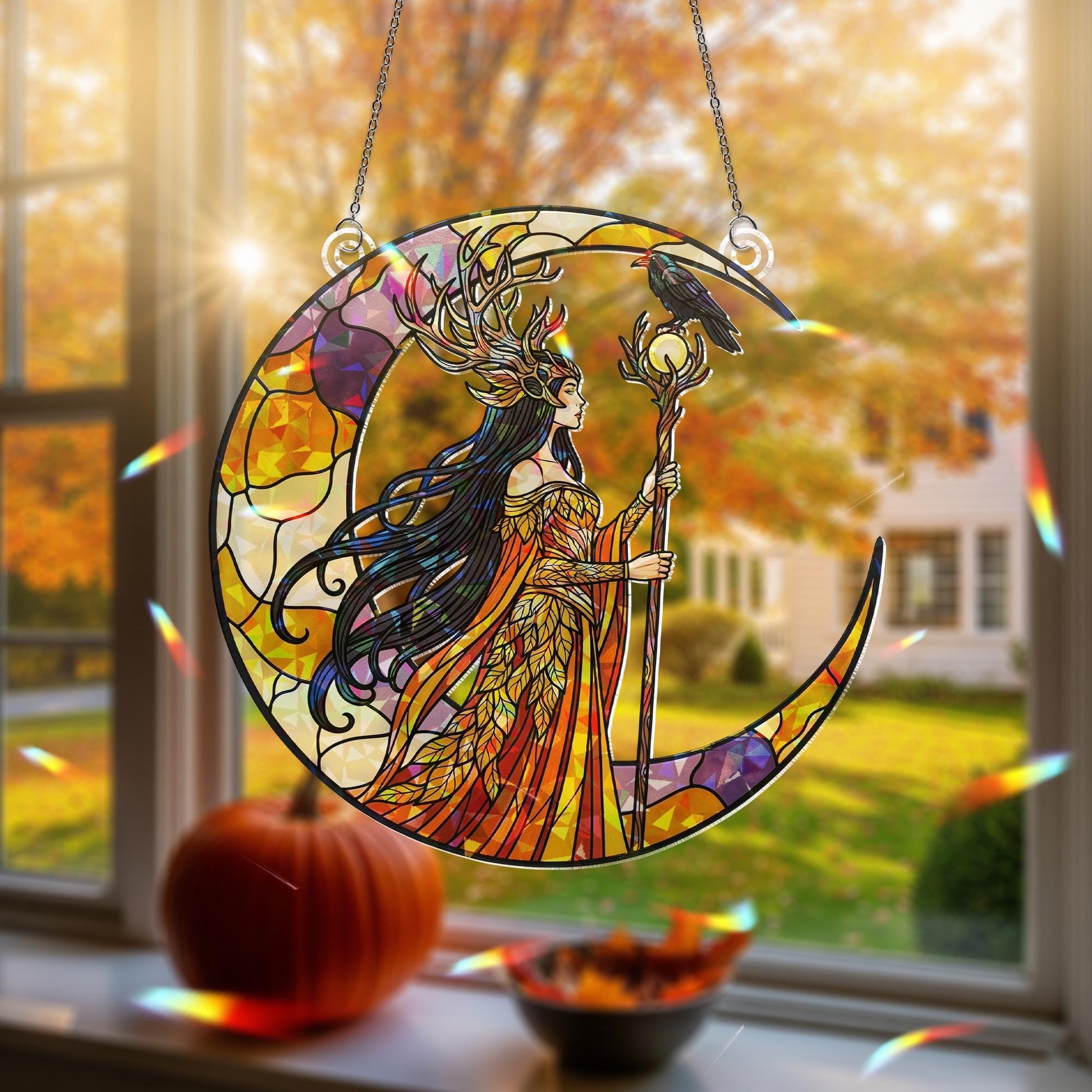 Goddess Moon Hologram Ornament – Mystical Raven Priestess Crescent ACRYLIC Window Hanging – Witchy Wall Decor, Halloween Home Decor
