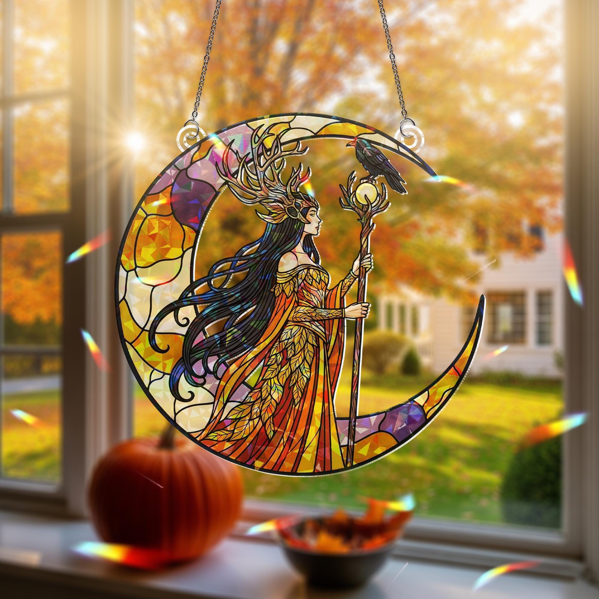 Goddess Moon Hologram Ornament – Mystical Raven Priestess Crescent ACRYLIC Window Hanging – Witchy Wall Decor, Halloween Home Decor