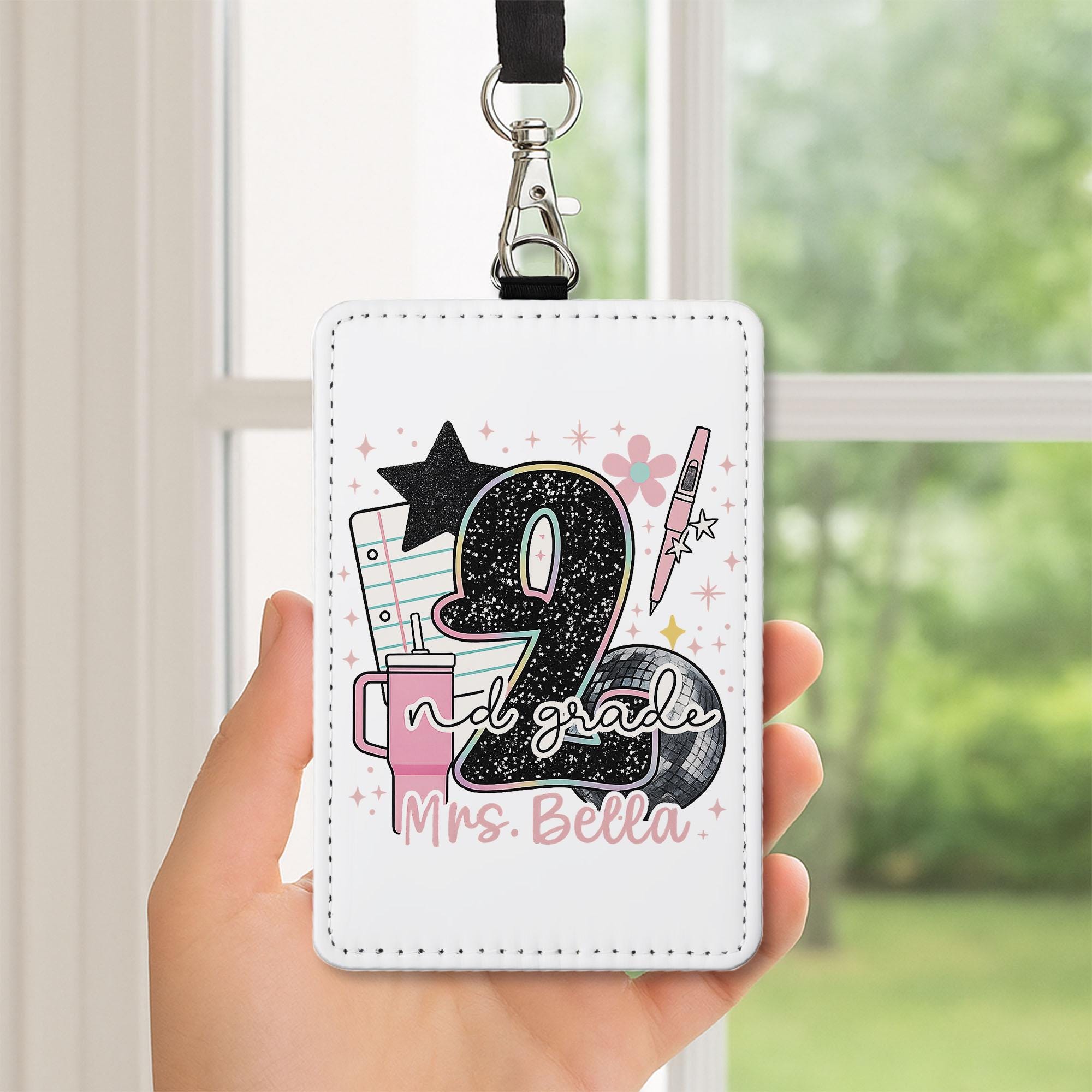 2nd Grade Teacher ID Badge Holder, Personalized Name Tag for Teacher, Cute Pink Glitter School Lanyard for Classroom Staff