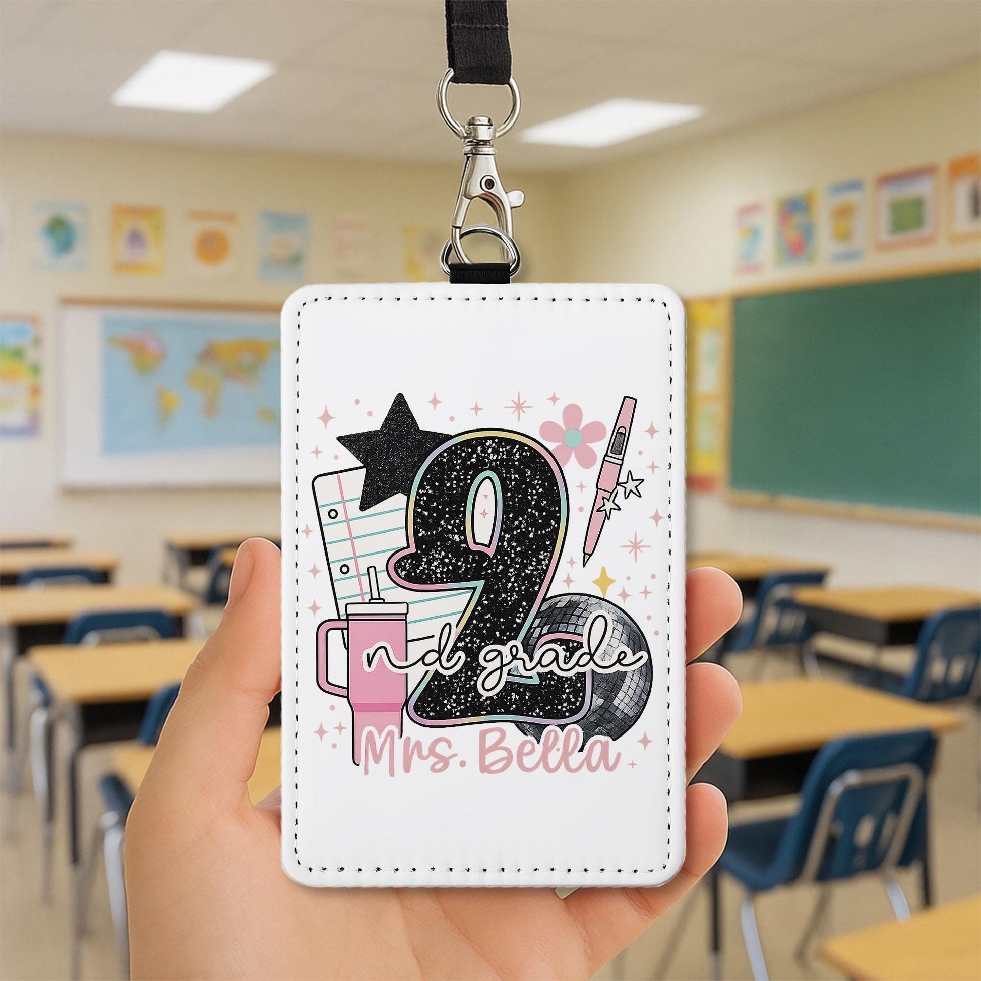 2nd Grade Teacher ID Badge Holder, Personalized Name Tag for Teacher, Cute Pink Glitter School Lanyard for Classroom Staff