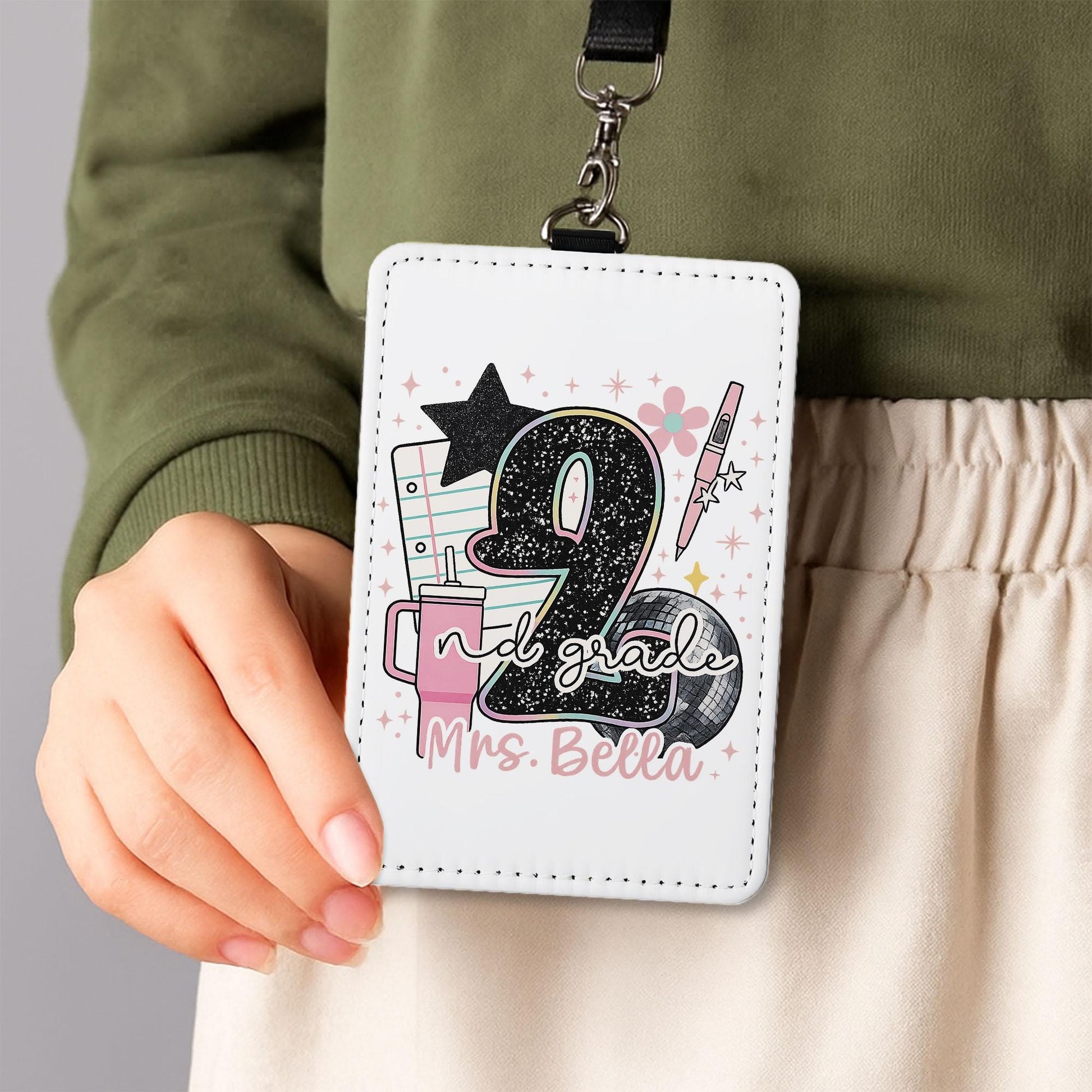 2nd Grade Teacher ID Badge Holder, Personalized Name Tag for Teacher, Cute Pink Glitter School Lanyard for Classroom Staff