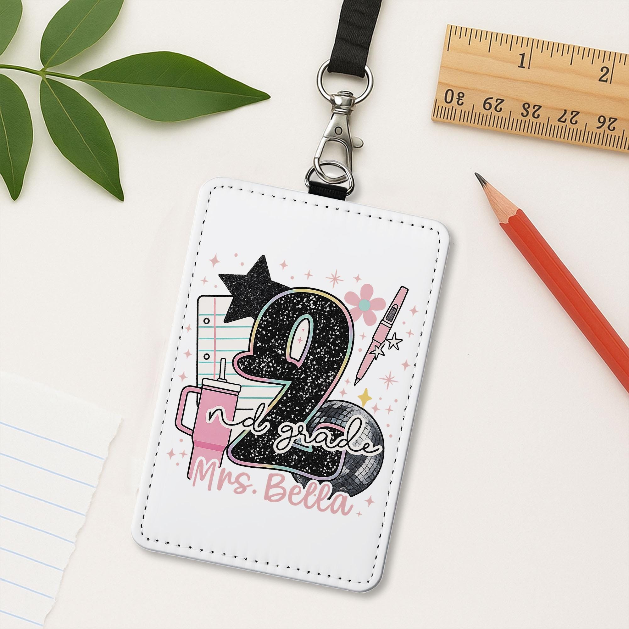 2nd Grade Teacher ID Badge Holder, Personalized Name Tag for Teacher, Cute Pink Glitter School Lanyard for Classroom Staff