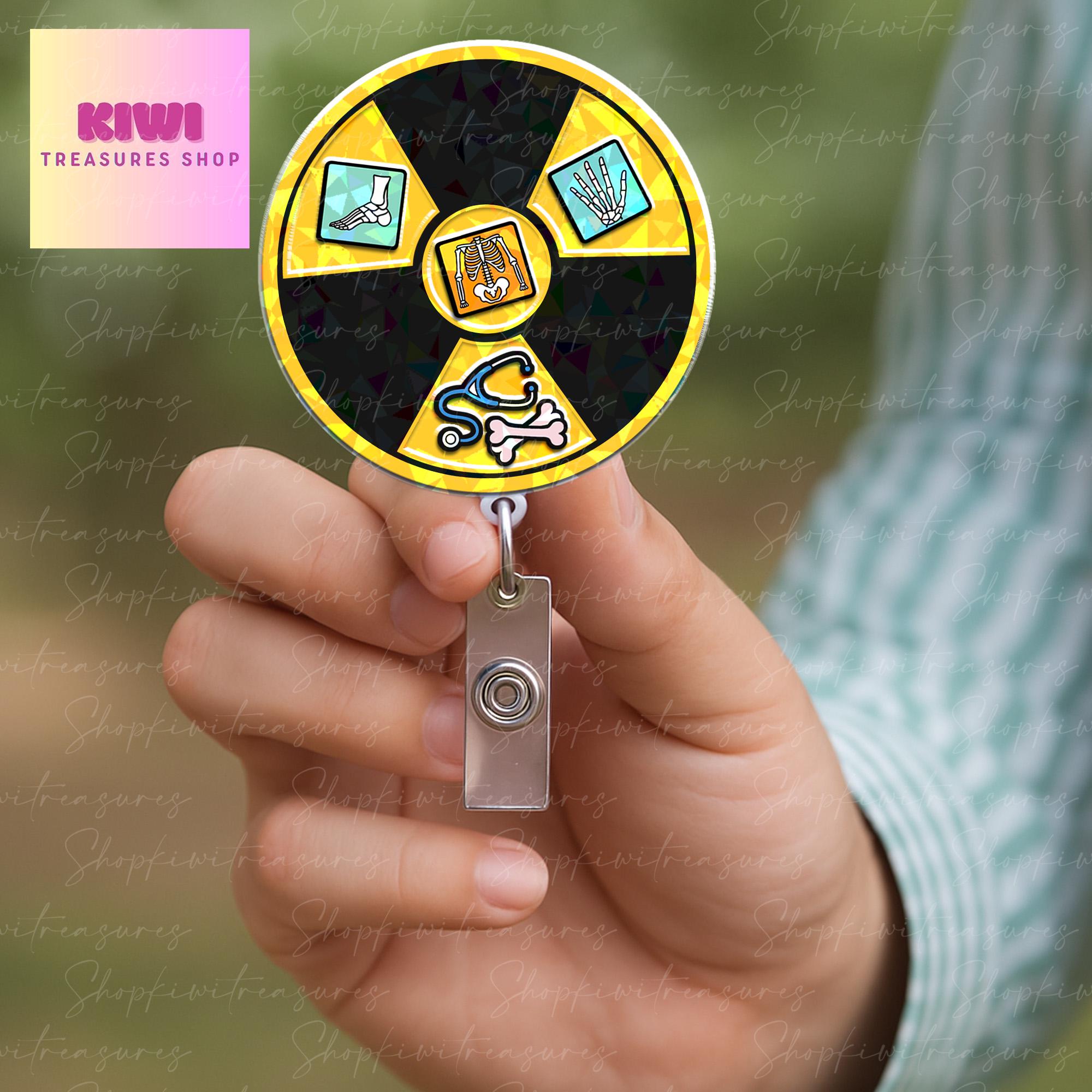 Holographic Radiology shake Badge Reel – X-Ray Tech Shaker ID Clip – Retractable Badge Holder with Medical Icons – Fun RT Tech Gift for Work