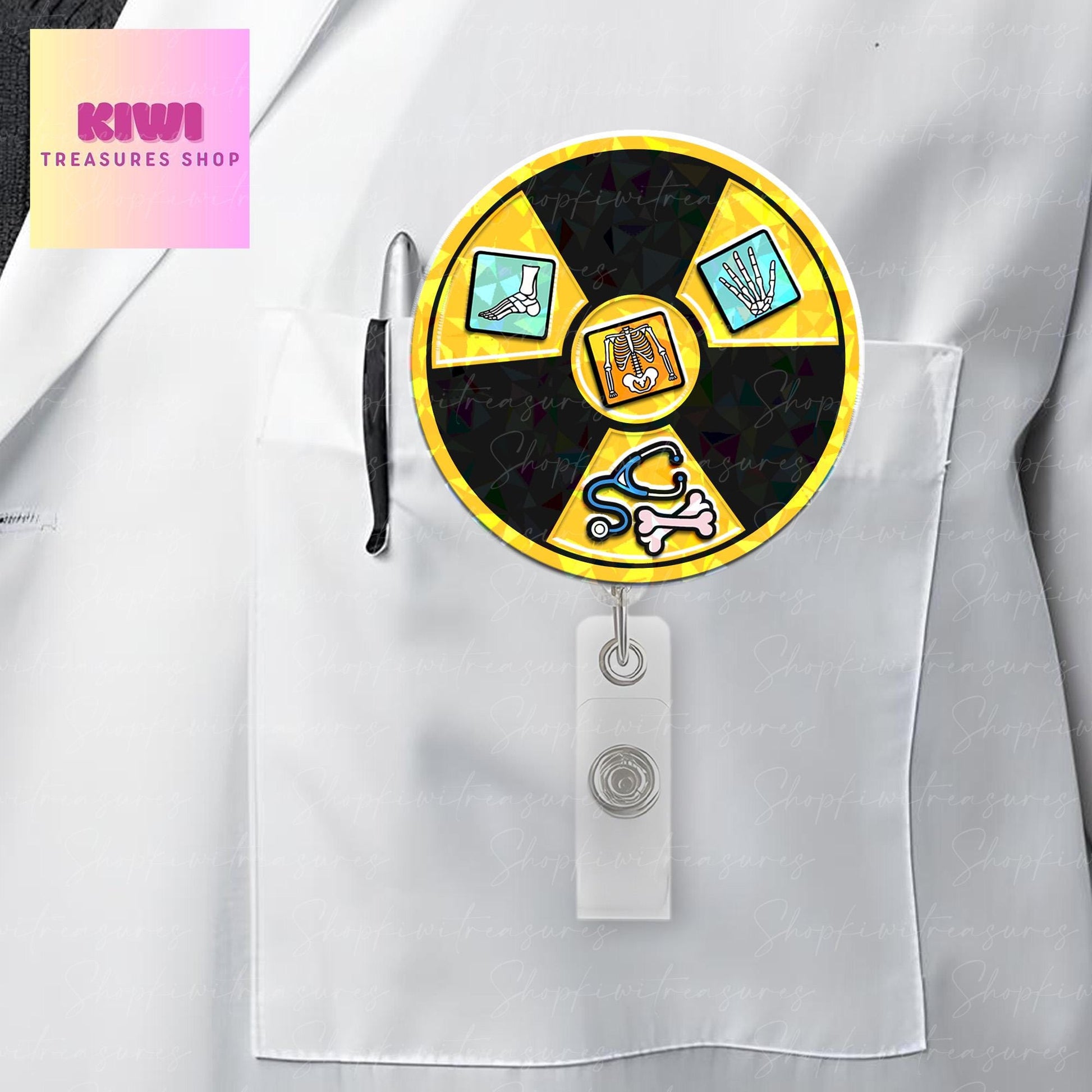 Holographic Radiology shake Badge Reel – X-Ray Tech Shaker ID Clip – Retractable Badge Holder with Medical Icons – Fun RT Tech Gift for Work