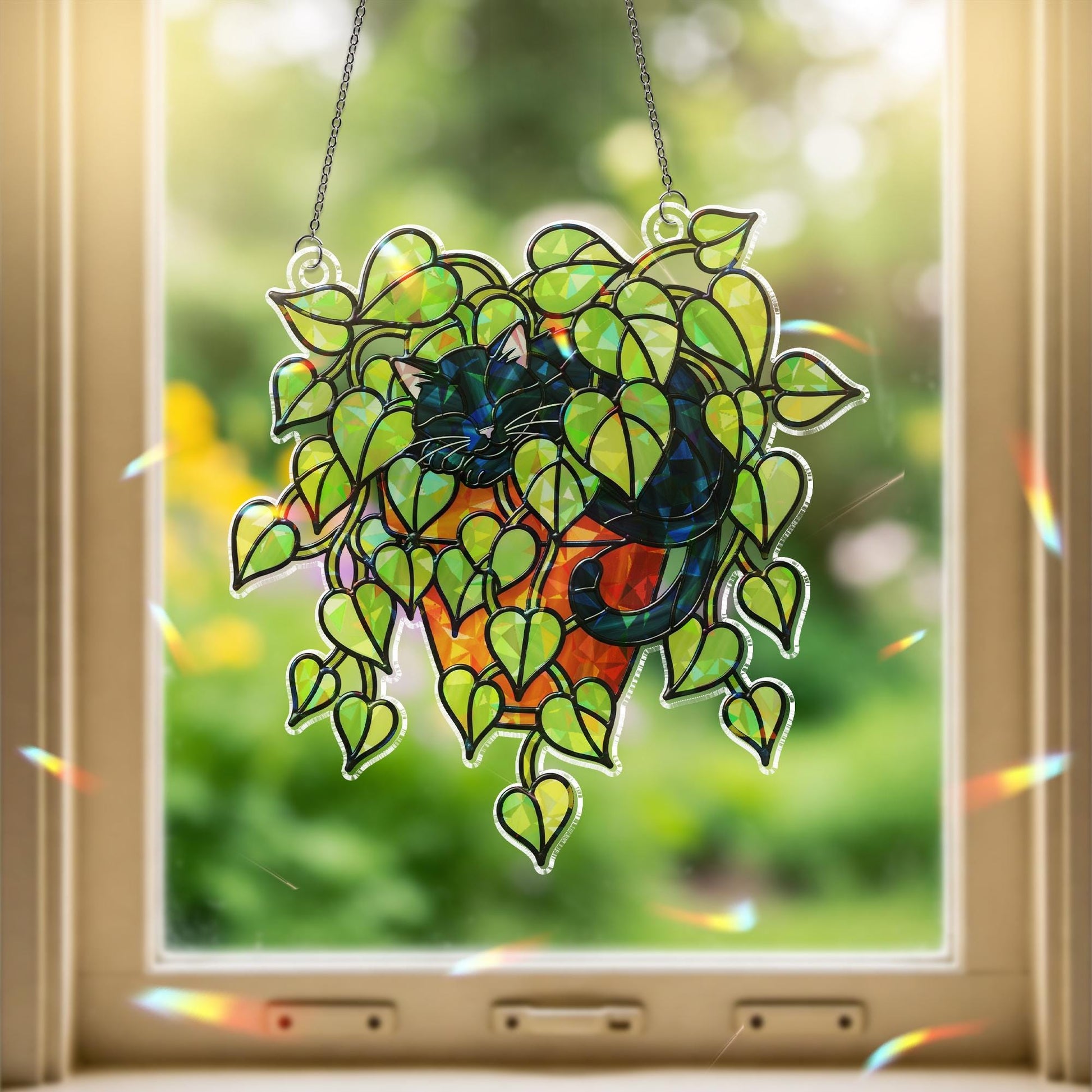 Black Cat Sleeping in Porthos Leaves Plant Hologram Ornament – Black Cat Hanging in Heart Leaf Vine – Window Decor for Plant, Cat Lovers