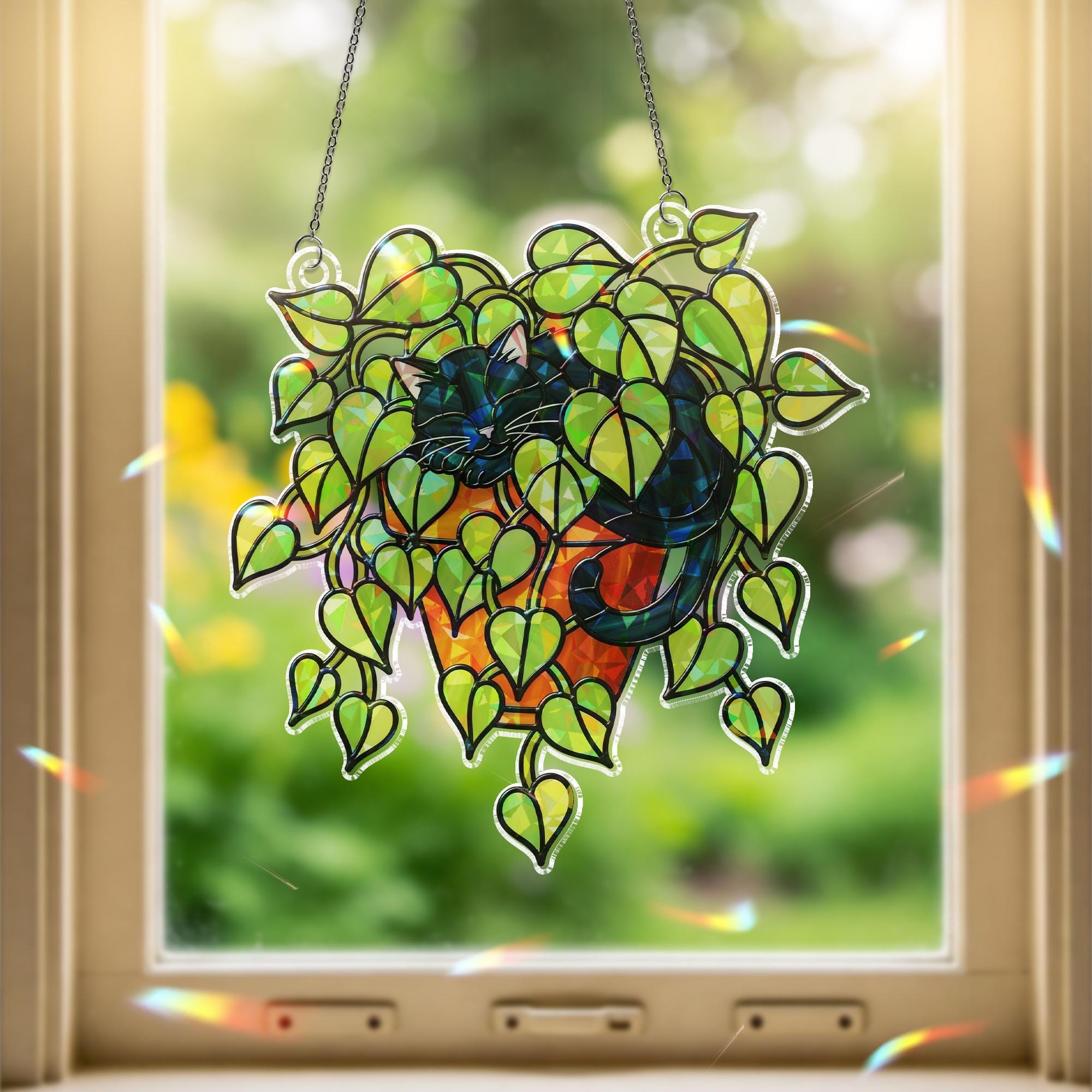 Black Cat Sleeping in Porthos Leaves Plant Hologram Ornament – Black Cat Hanging in Heart Leaf Vine – Window Decor for Plant, Cat Lovers