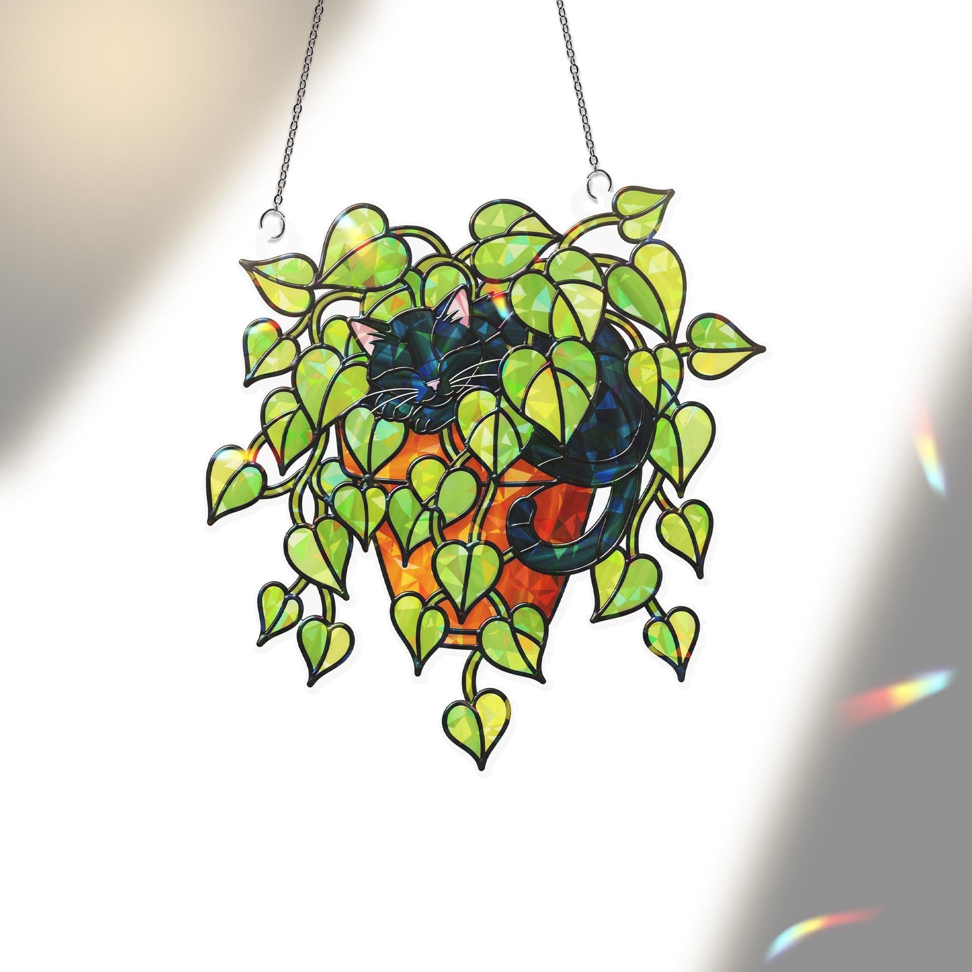 Black Cat Sleeping in Porthos Leaves Plant Hologram Ornament – Black Cat Hanging in Heart Leaf Vine – Window Decor for Plant, Cat Lovers