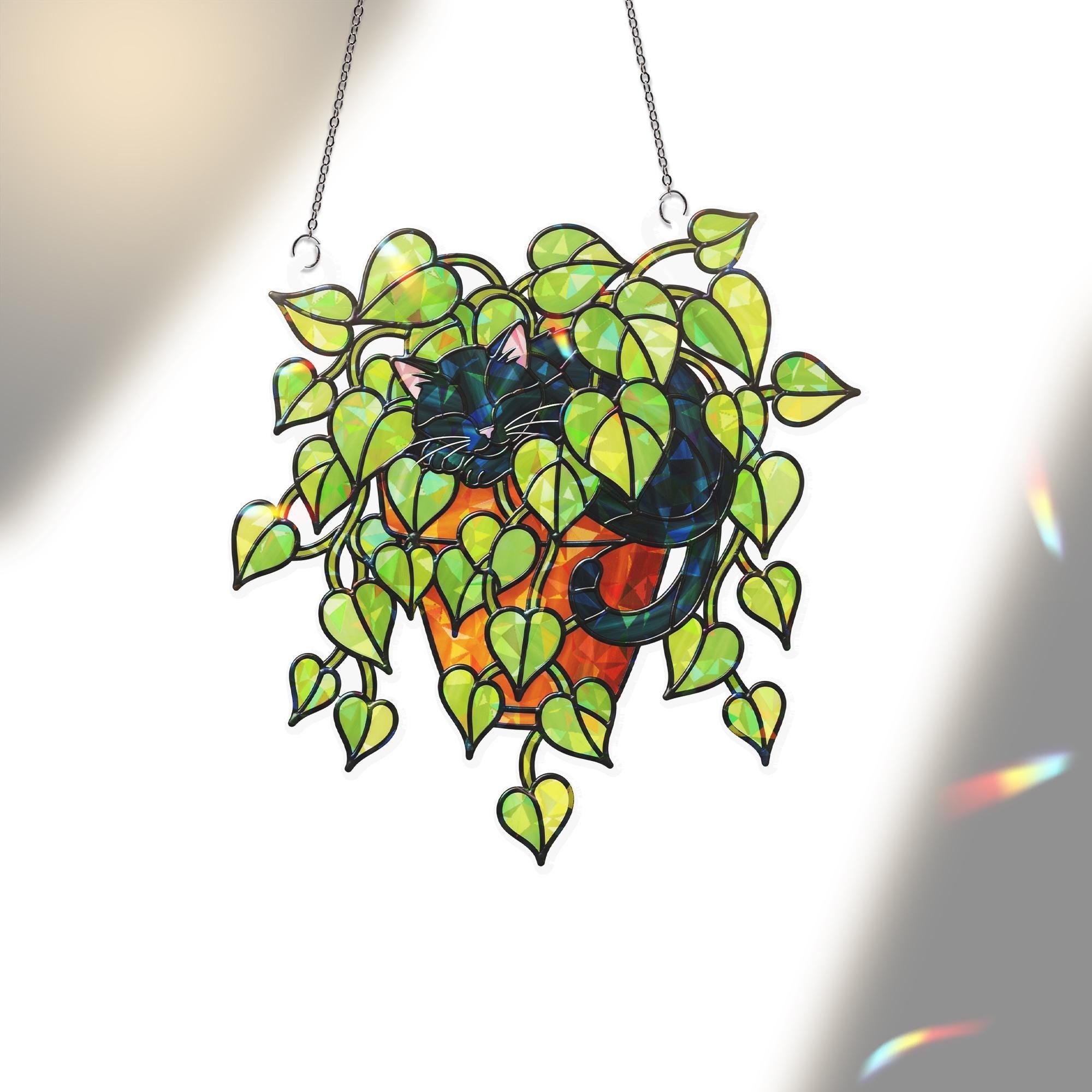 Black Cat Sleeping in Porthos Leaves Plant Hologram Ornament – Black Cat Hanging in Heart Leaf Vine – Window Decor for Plant, Cat Lovers