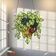 Black Cat Sleeping in Porthos Leaves Plant Hologram Ornament – Black Cat Hanging in Heart Leaf Vine – Window Decor for Plant, Cat Lovers