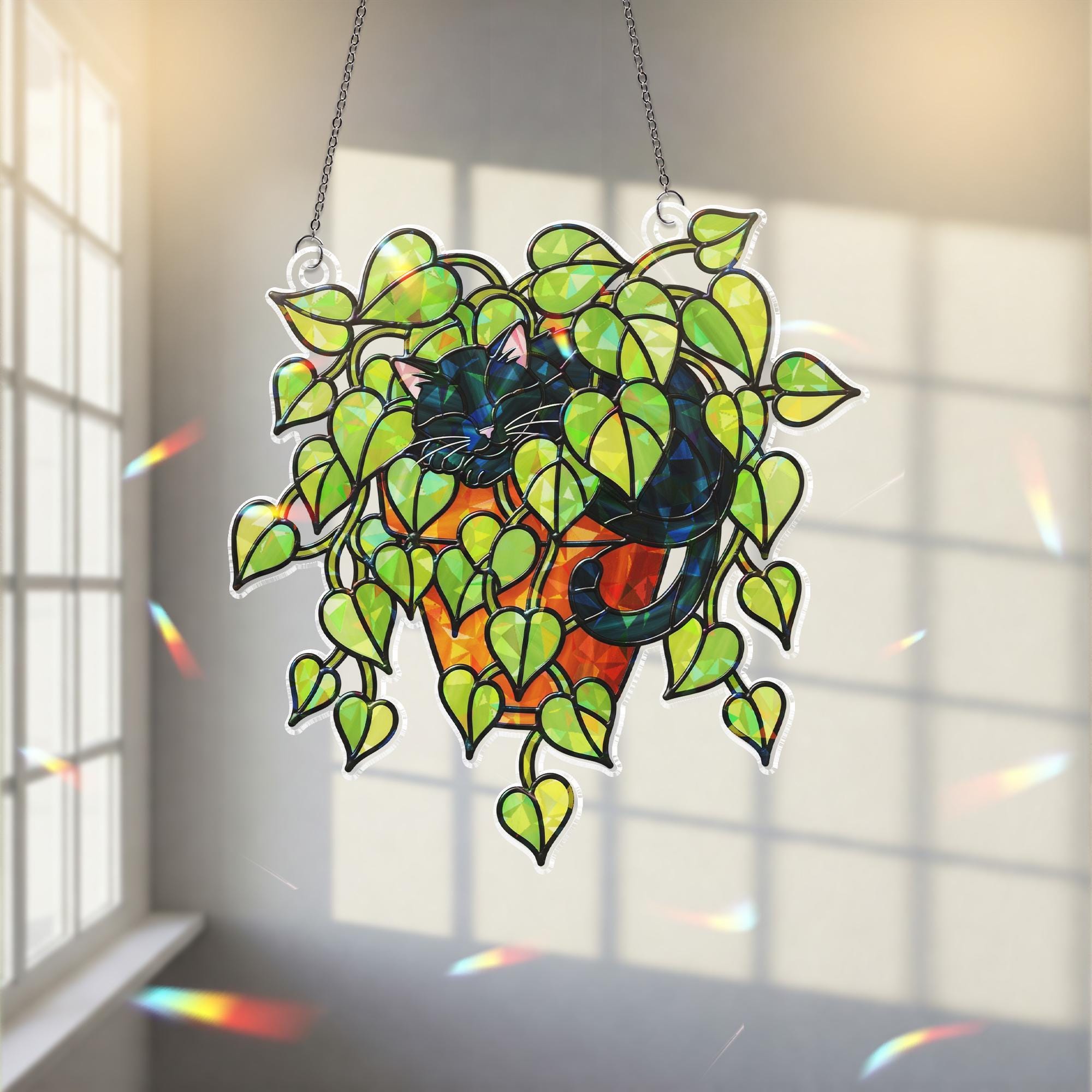 Black Cat Sleeping in Porthos Leaves Plant Hologram Ornament – Black Cat Hanging in Heart Leaf Vine – Window Decor for Plant, Cat Lovers