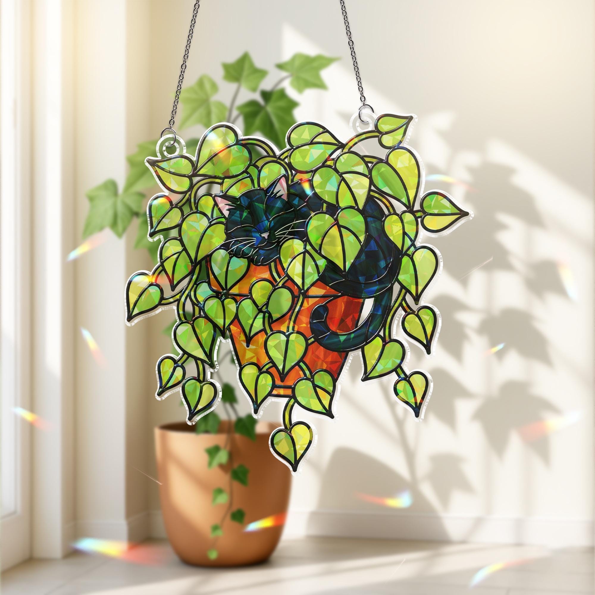 Black Cat Sleeping in Porthos Leaves Plant Hologram Ornament – Black Cat Hanging in Heart Leaf Vine – Window Decor for Plant, Cat Lovers