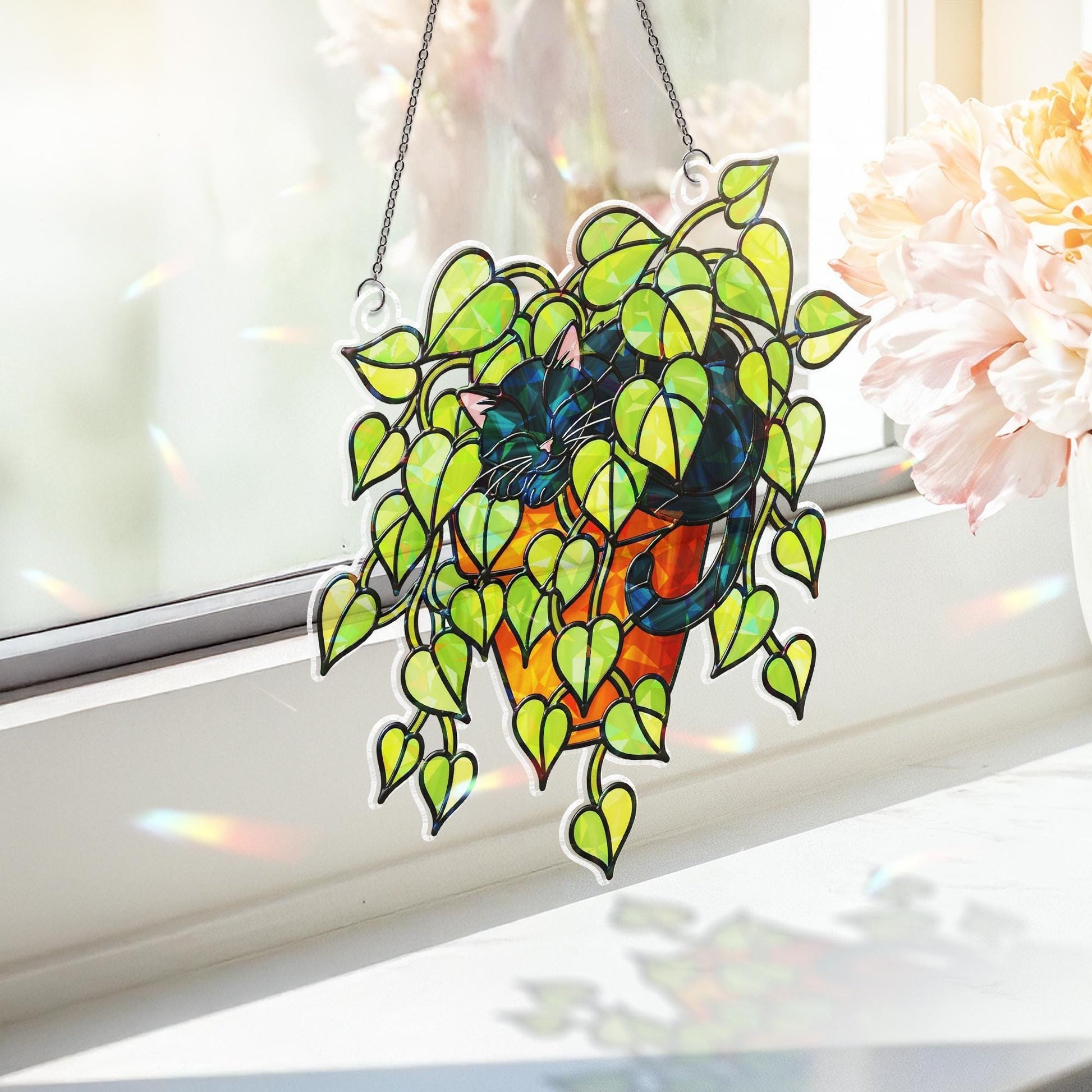 Black Cat Sleeping in Porthos Leaves Plant Hologram Ornament – Black Cat Hanging in Heart Leaf Vine – Window Decor for Plant, Cat Lovers