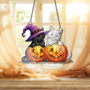 Halloween Cat Window Hanging – Cute Black & White Kittens in Pumpkins, Witch Hat Suncatcher, Fall Decor, Cat Lover Gift