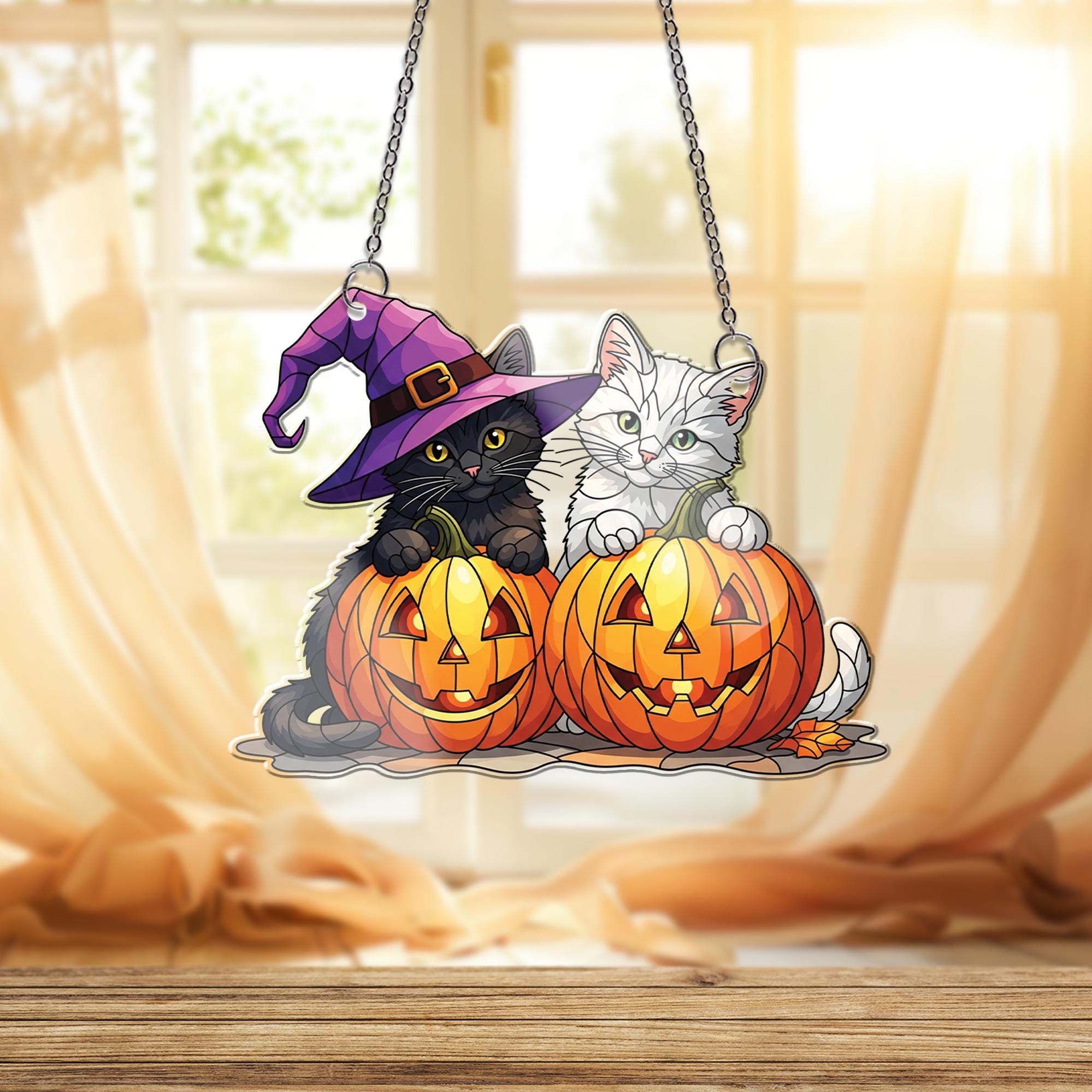 Halloween Cat Window Hanging – Cute Black & White Kittens in Pumpkins, Witch Hat Suncatcher, Fall Decor, Cat Lover Gift