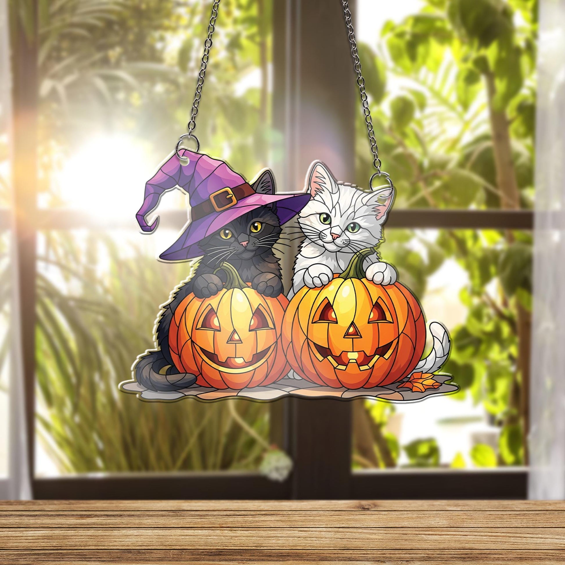 Halloween Cat Window Hanging – Cute Black & White Kittens in Pumpkins, Witch Hat Suncatcher, Fall Decor, Cat Lover Gift