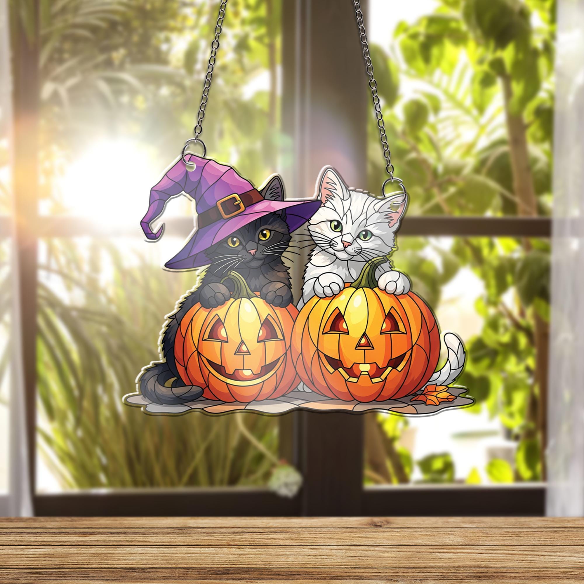 Halloween Cat Window Hanging – Cute Black & White Kittens in Pumpkins, Witch Hat Suncatcher, Fall Decor, Cat Lover Gift