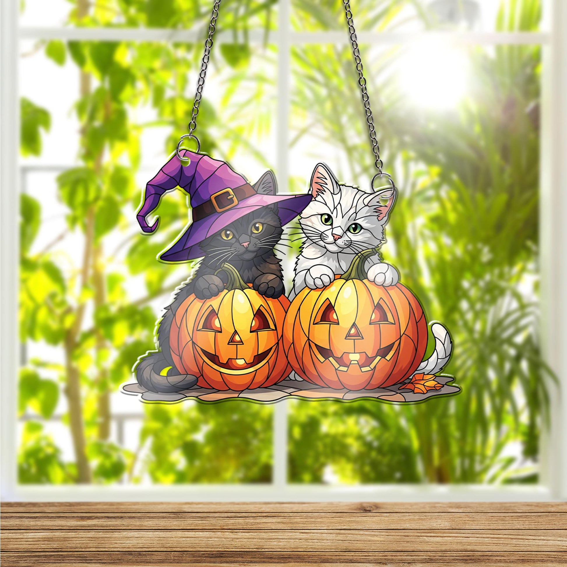 Halloween Cat Window Hanging – Cute Black & White Kittens in Pumpkins, Witch Hat Suncatcher, Fall Decor, Cat Lover Gift