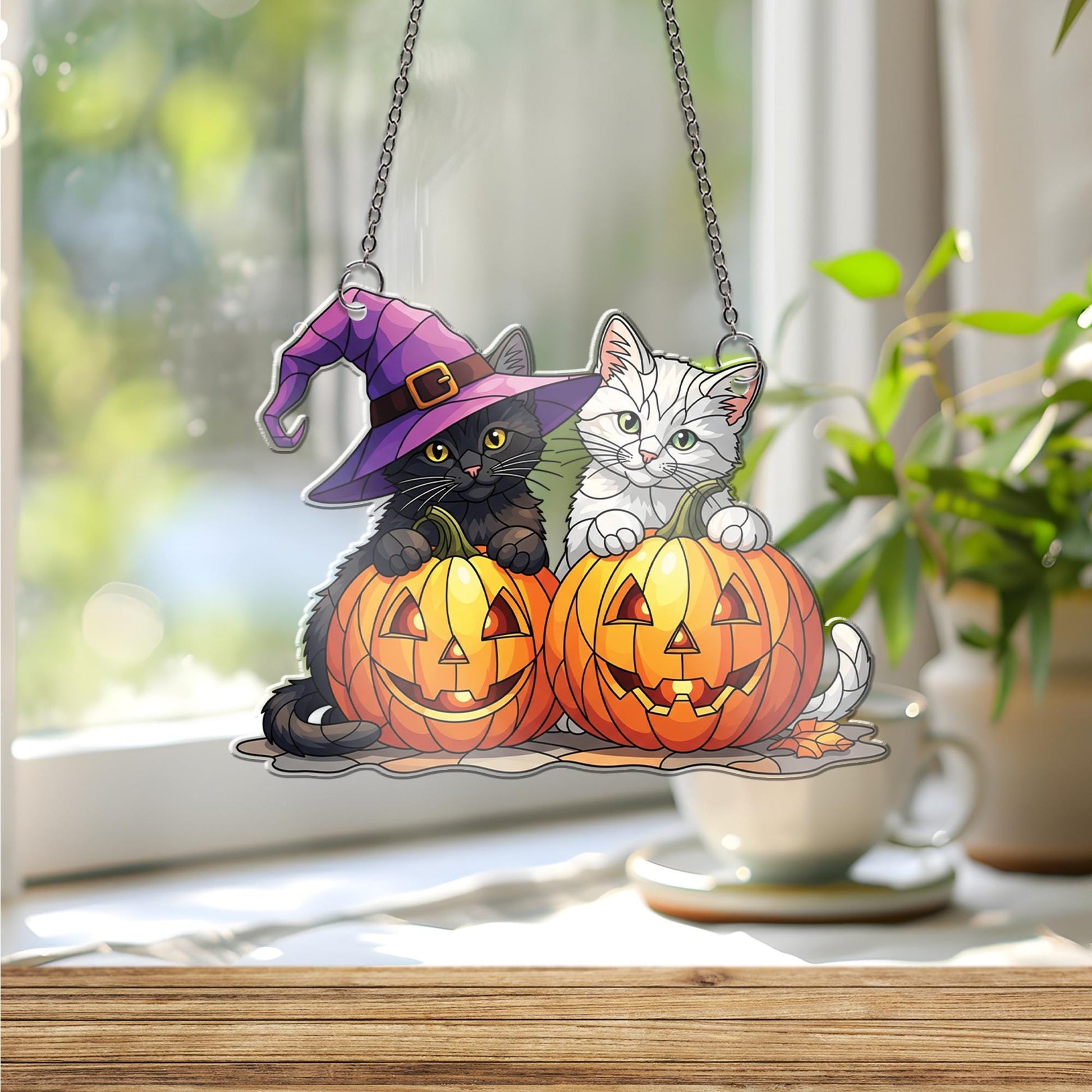 Halloween Cat Window Hanging – Cute Black & White Kittens in Pumpkins, Witch Hat Suncatcher, Fall Decor, Cat Lover Gift