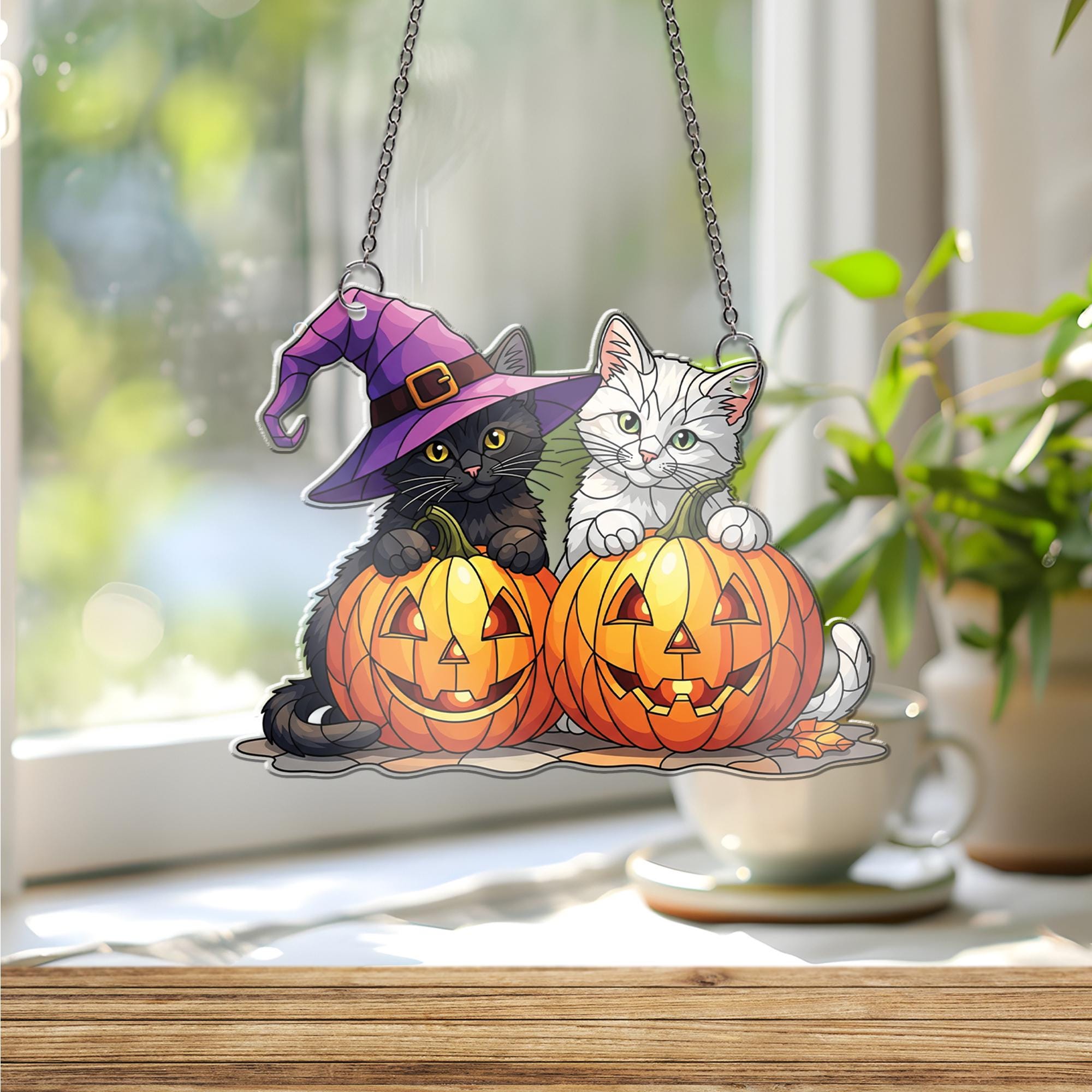 Halloween Cat Window Hanging – Cute Black & White Kittens in Pumpkins, Witch Hat Suncatcher, Fall Decor, Cat Lover Gift