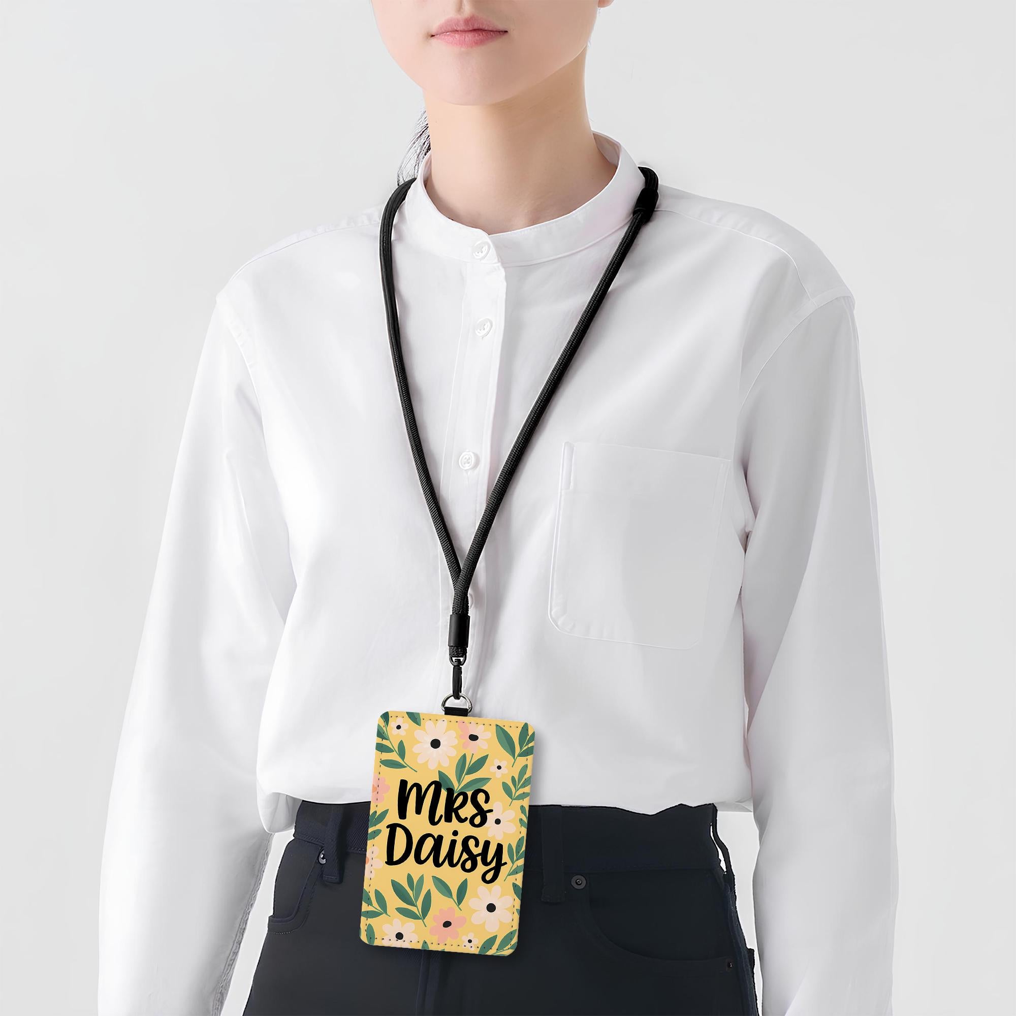 Floral Teacher ID Badge Holder, Personalized Name Tag for Teacher, Cute Pink Flower Lanyard Accessory for Classroom or School