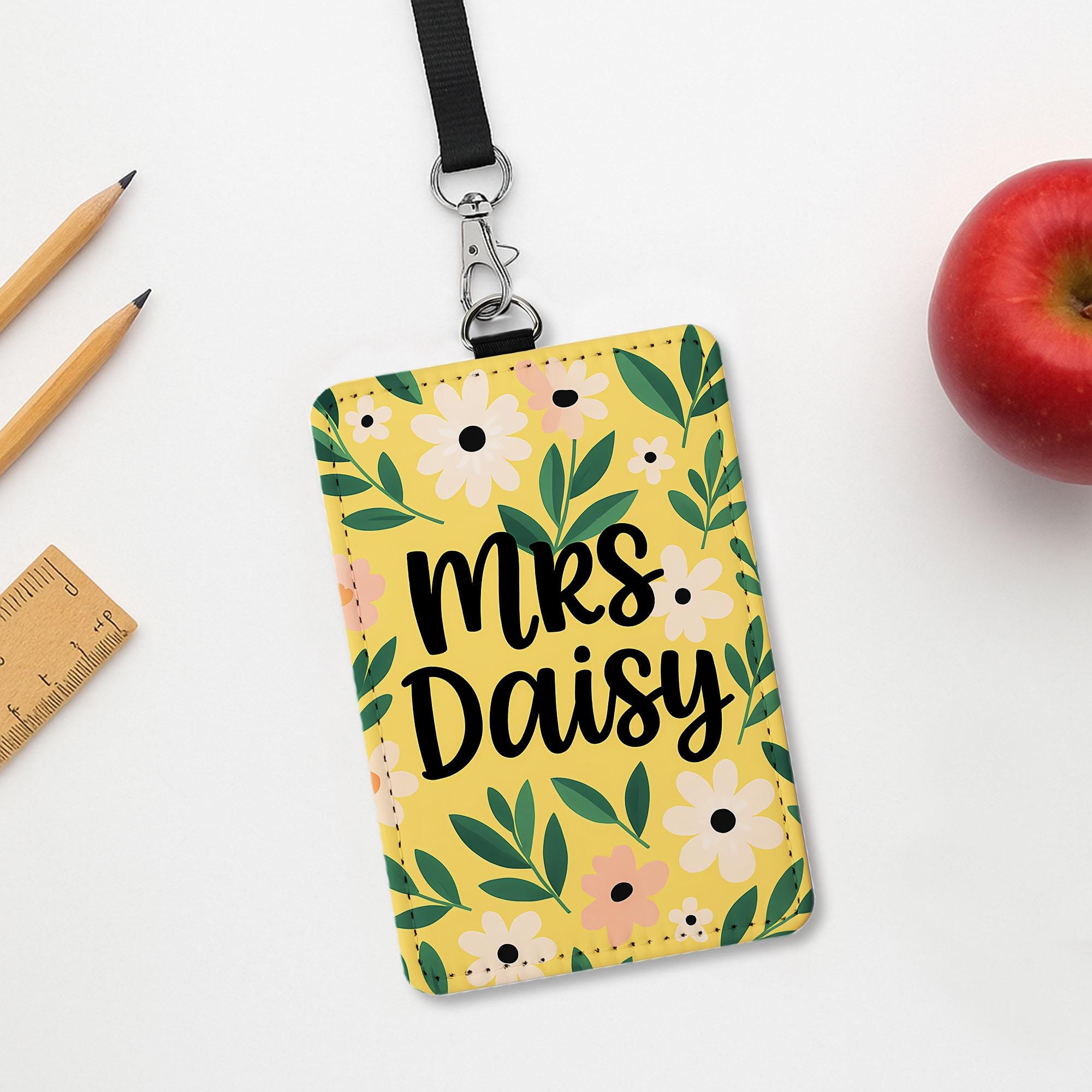 Floral Teacher ID Badge Holder, Personalized Name Tag for Teacher, Cute Pink Flower Lanyard Accessory for Classroom or School